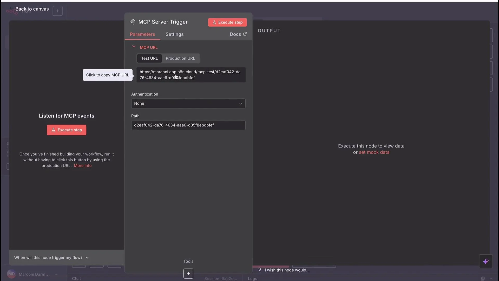 The image displays an interface for configuring an MCP Server Trigger, featuring a Test URL, authentication options, and paths. The interface includes buttons for executing steps and copying the MCP URL.