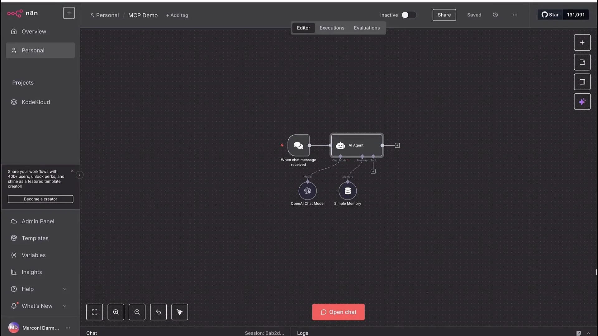 The image shows a workflow interface of n8n with nodes labeled "When chat message received," "AI Agent," "OpenAI Chat Model," and "Simple Memory," indicating a setup involving AI and memory tools. The interface includes a sidebar with options like "Admin Panel," "Templates," and "Variables."