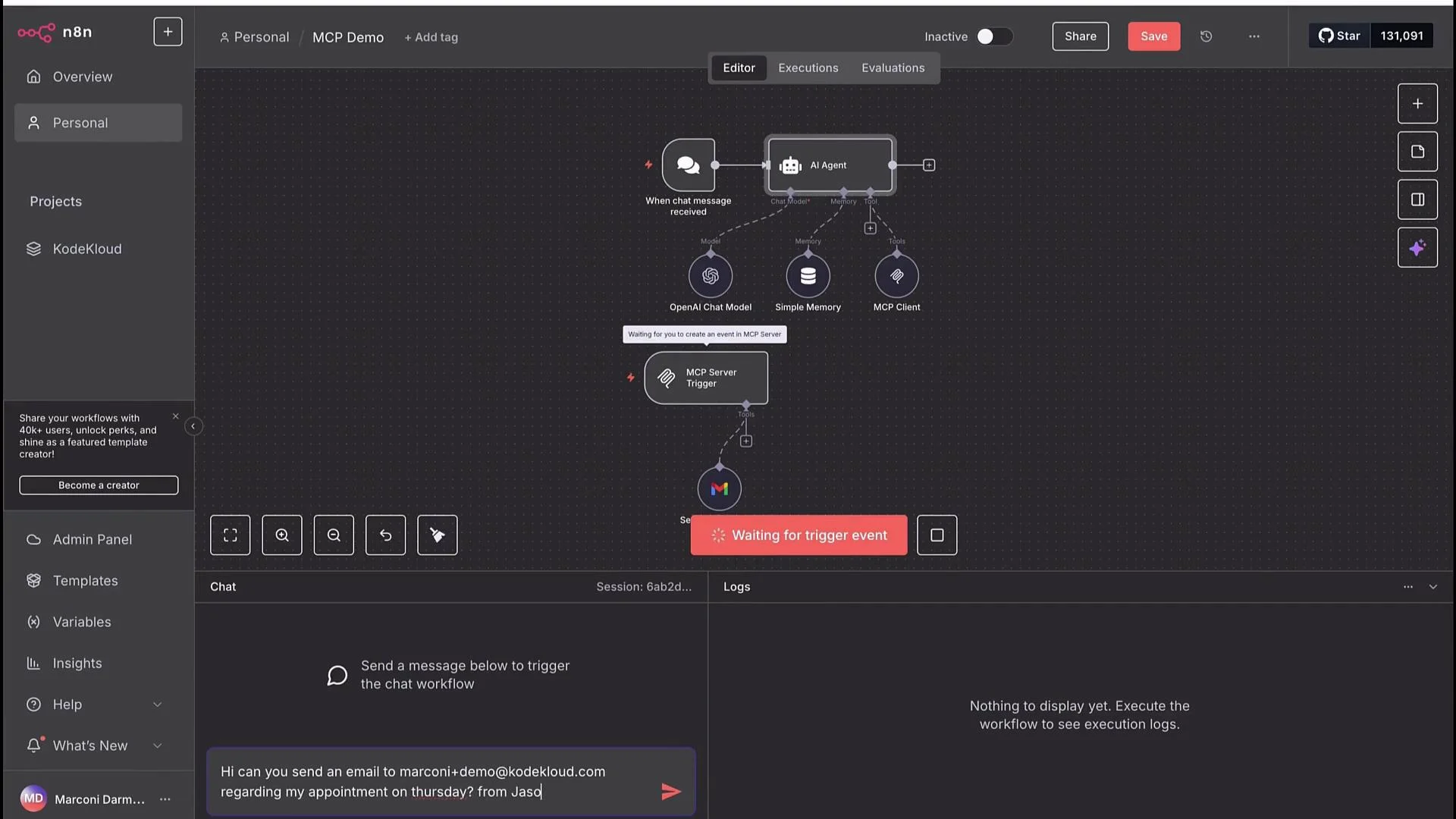 The image shows a workflow diagram in a software tool that includes nodes like "AI Agent," "OpenAI Chat Model," and "MCP Server Trigger," with a message waiting to trigger an event. There are also sidebar options for managing the workflow and user interactions.