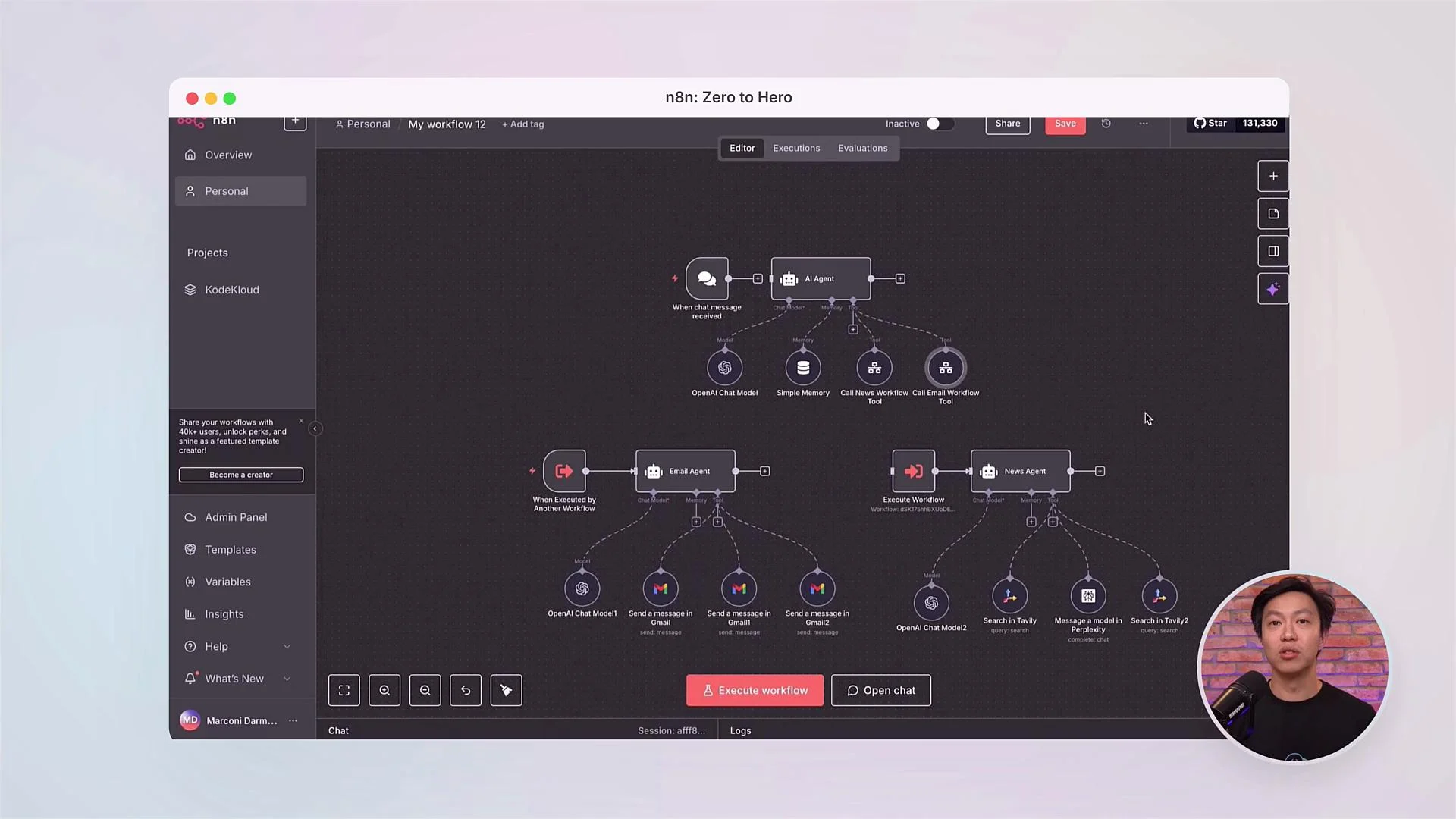 The image displays a software interface for a workflow automation tool with a flowchart of interconnected modules. There's also a person in the lower right corner, likely discussing or explaining the workflow.