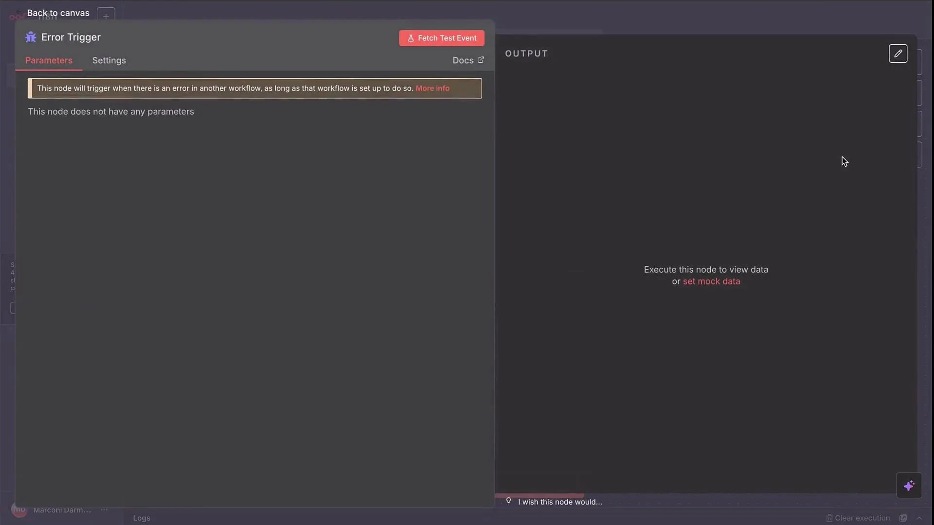The image shows an interface for an "Error Trigger" node with sections for parameters and settings. It includes a message about triggering when there's an error in another workflow and options related to data execution.