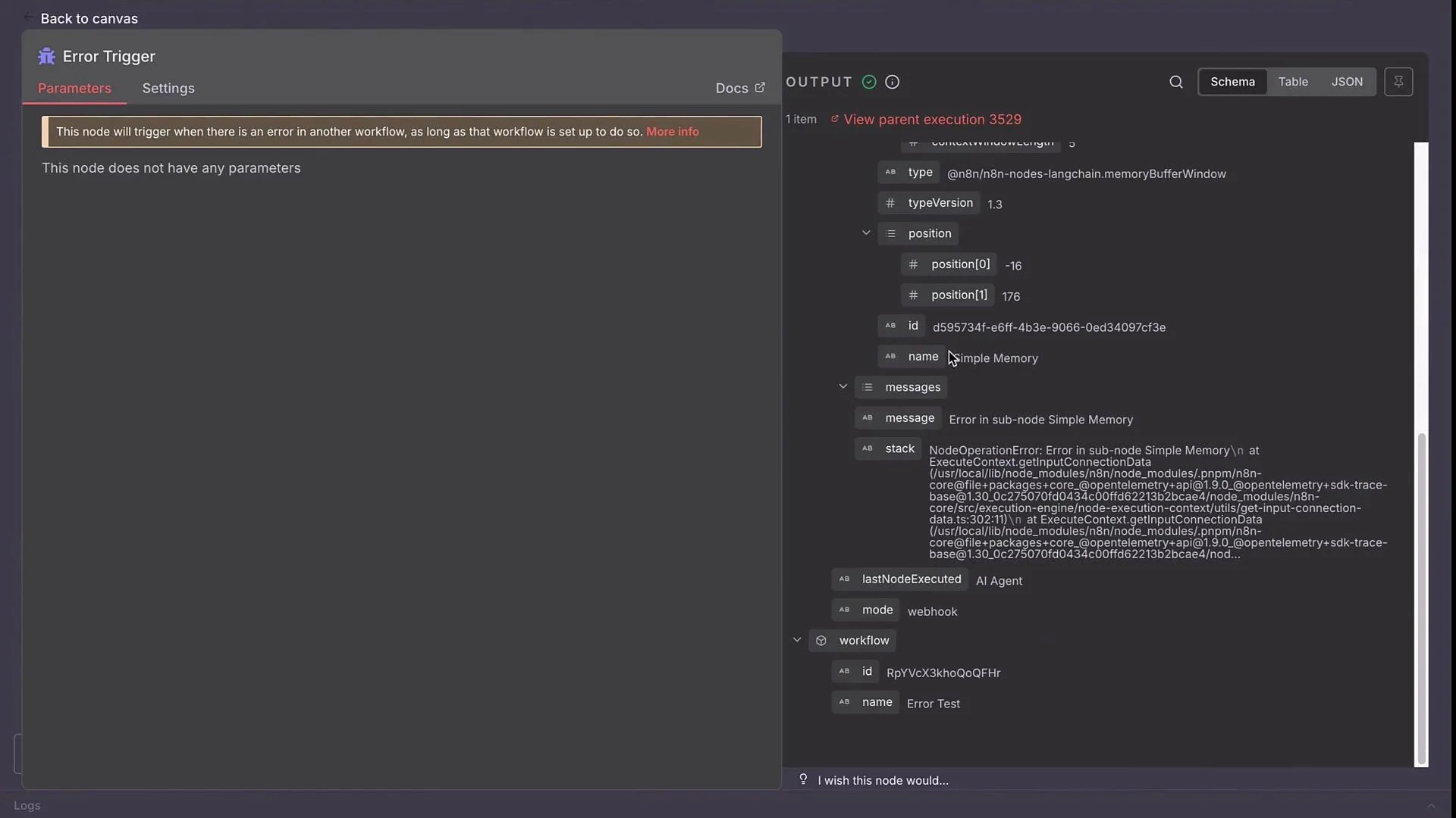 The image shows a software interface with an "Error Trigger" highlighted. It includes information about an error in a sub-node called "Simple Memory" within the workflow.