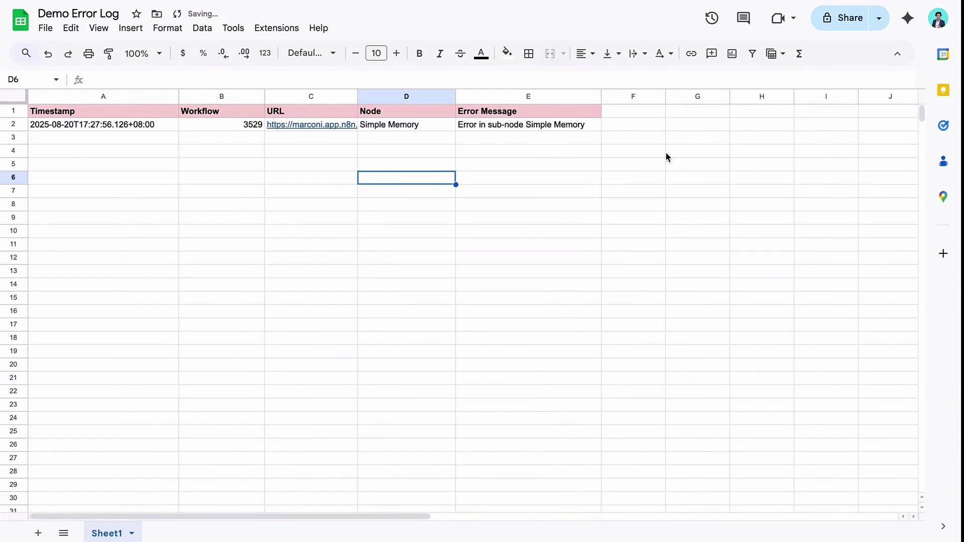 The image shows a Google Sheets document titled "Demo Error Log" with columns for Timestamp, Workflow, URL, Node, and Error Message, containing one entry about an error in "Simple Memory."