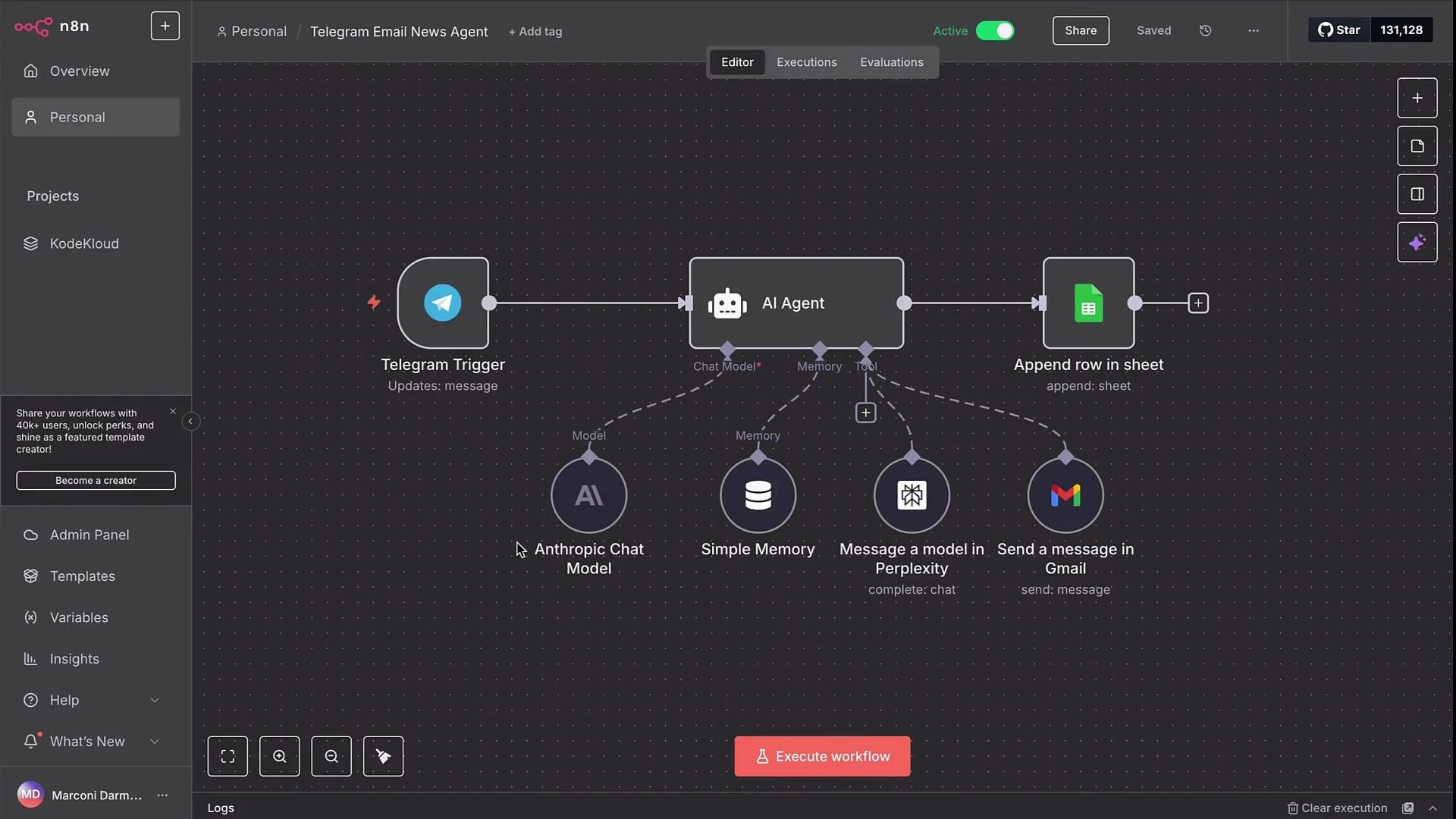The image shows a workflow diagram in n8n, with a Telegram trigger connected to an AI agent, which further branches out to append a row in a sheet and send a message in Gmail.