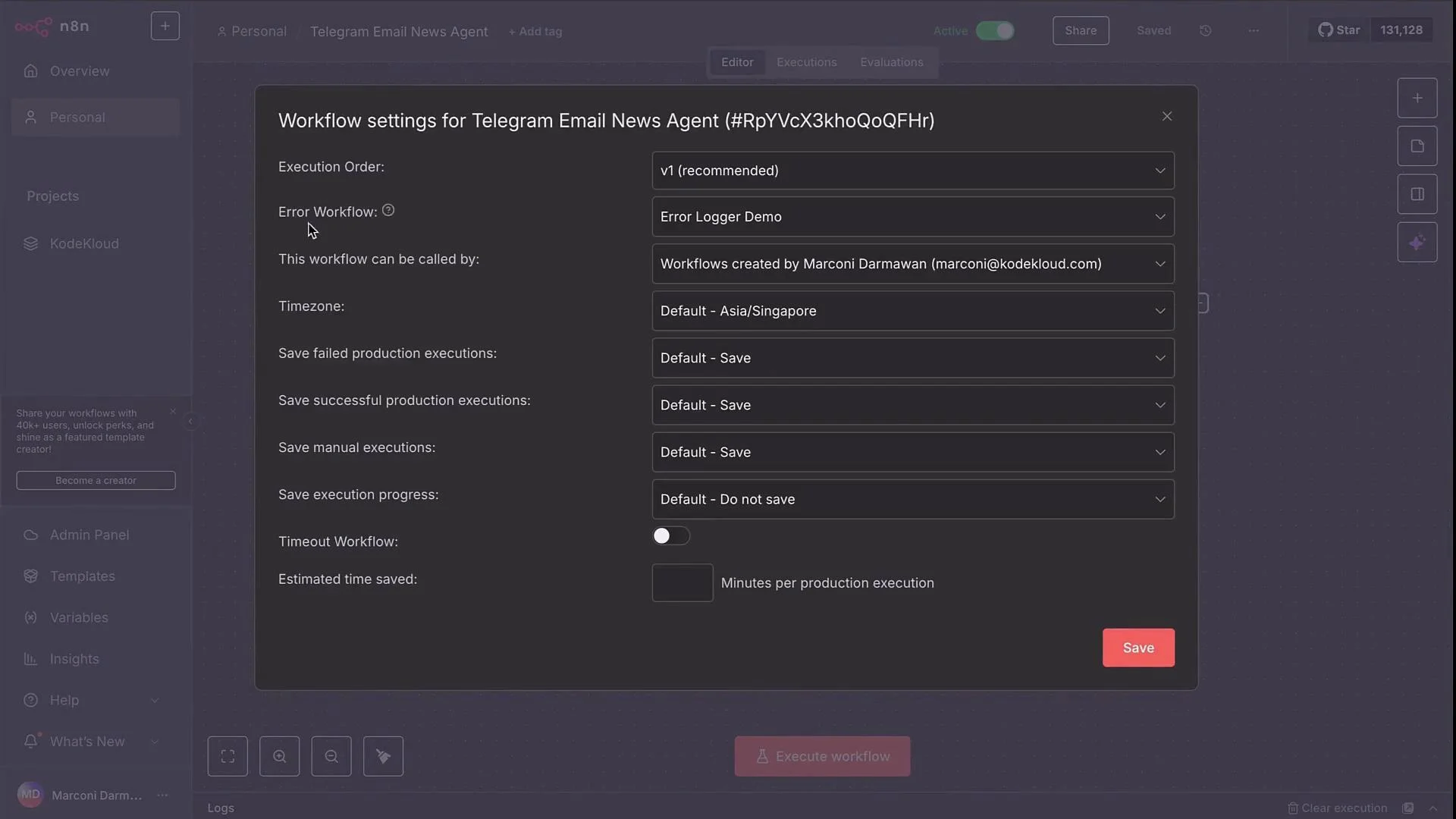 The image shows a workflow settings panel for a Telegram Email News Agent, including options for execution order, error workflow, timezone, and saving execution details. It also includes various toggle and dropdown options for configuring the workflow settings.