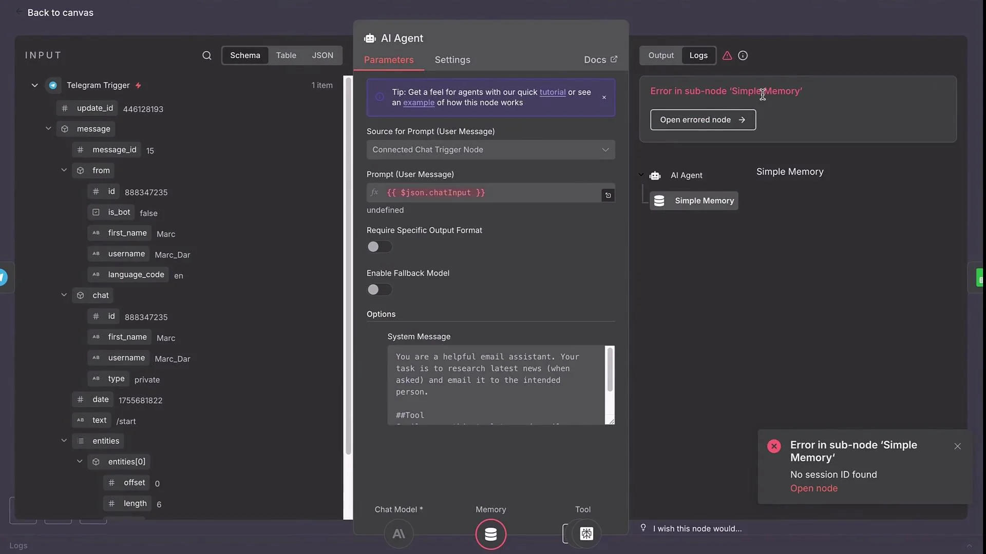 The image shows a user interface with a Telegram trigger and an AI agent setup. There is an error message indicating an issue in the sub-node 'Simple Memory' with no session ID found.