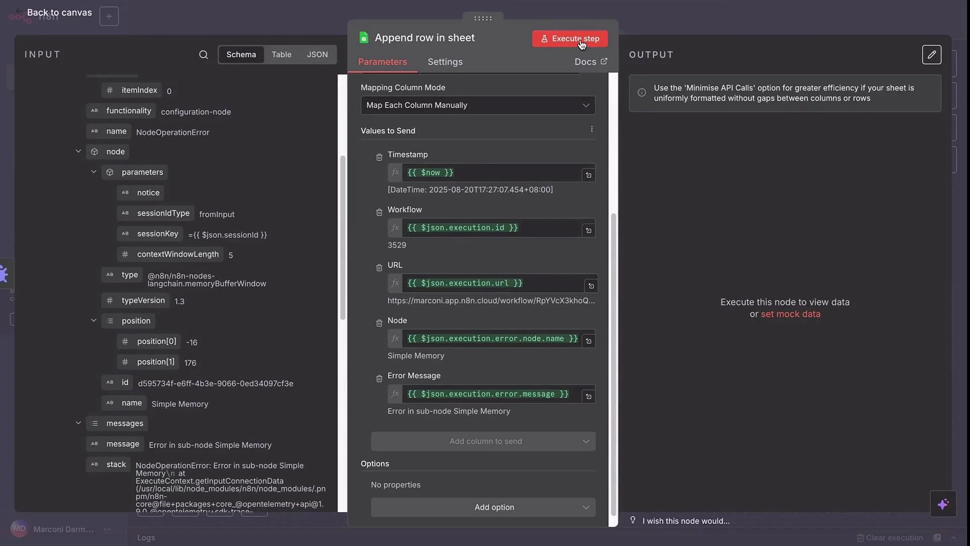 The image displays an interface for appending rows in a workflow sheet, showing parameters and settings for mapping column modes and input details on the left, with an error message related to "Simple Memory."
