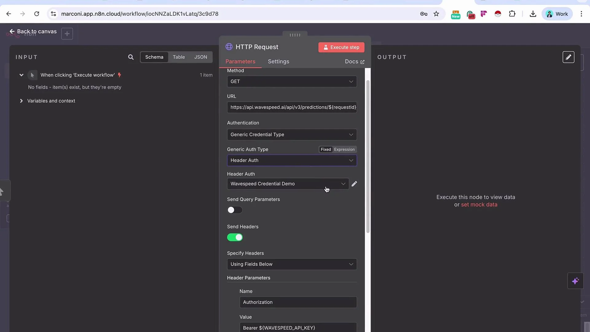 The image shows an HTTP Request configuration panel within a workflow interface, detailing parameters for a GET request with authentication settings and header specifications. The interface includes sections for input and output, where mock data can be set for execution.