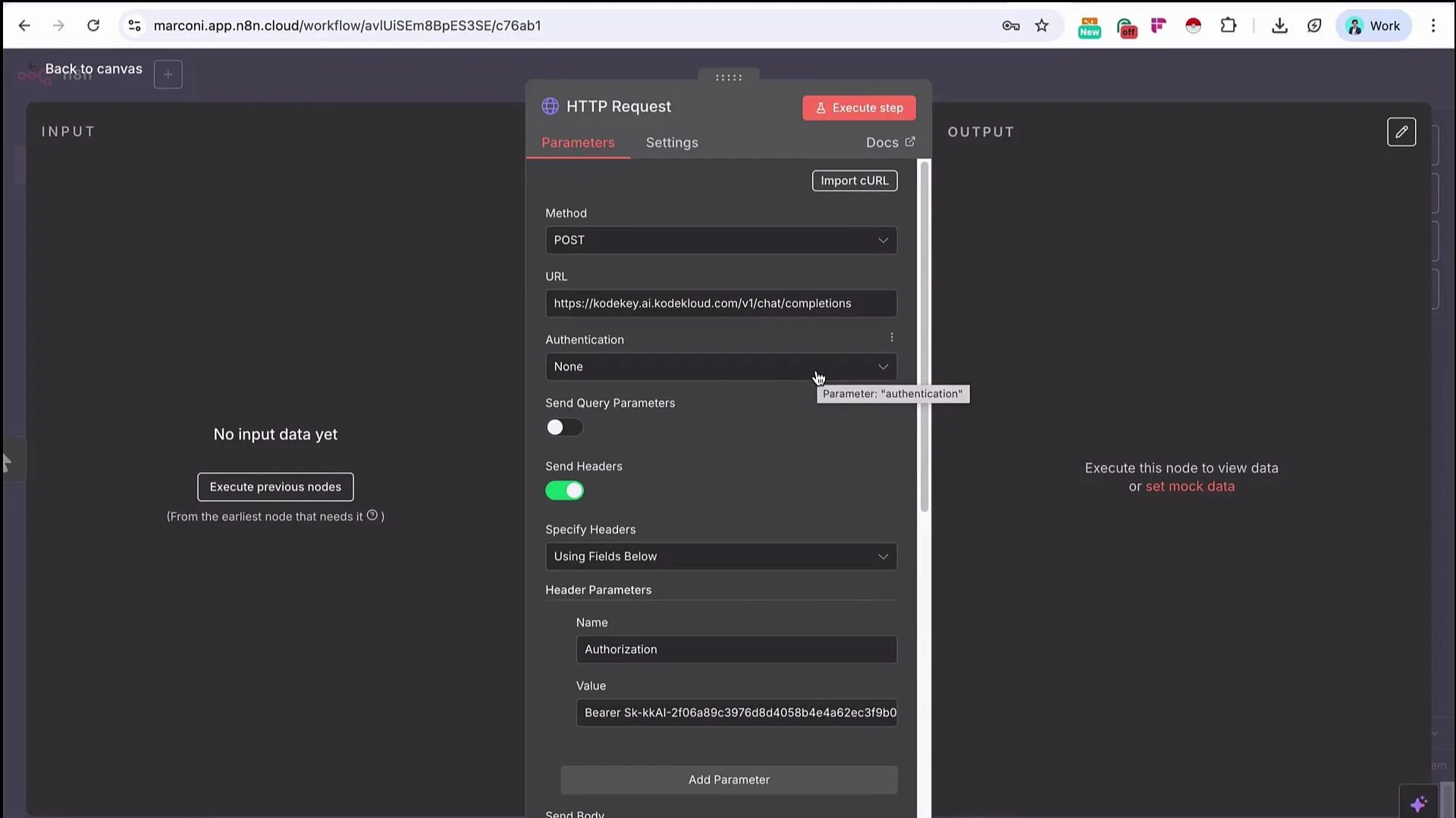 The image shows a HTTP Request configuration screen in a workflow application, where a POST method is set with a specific URL and header parameters for authorization.