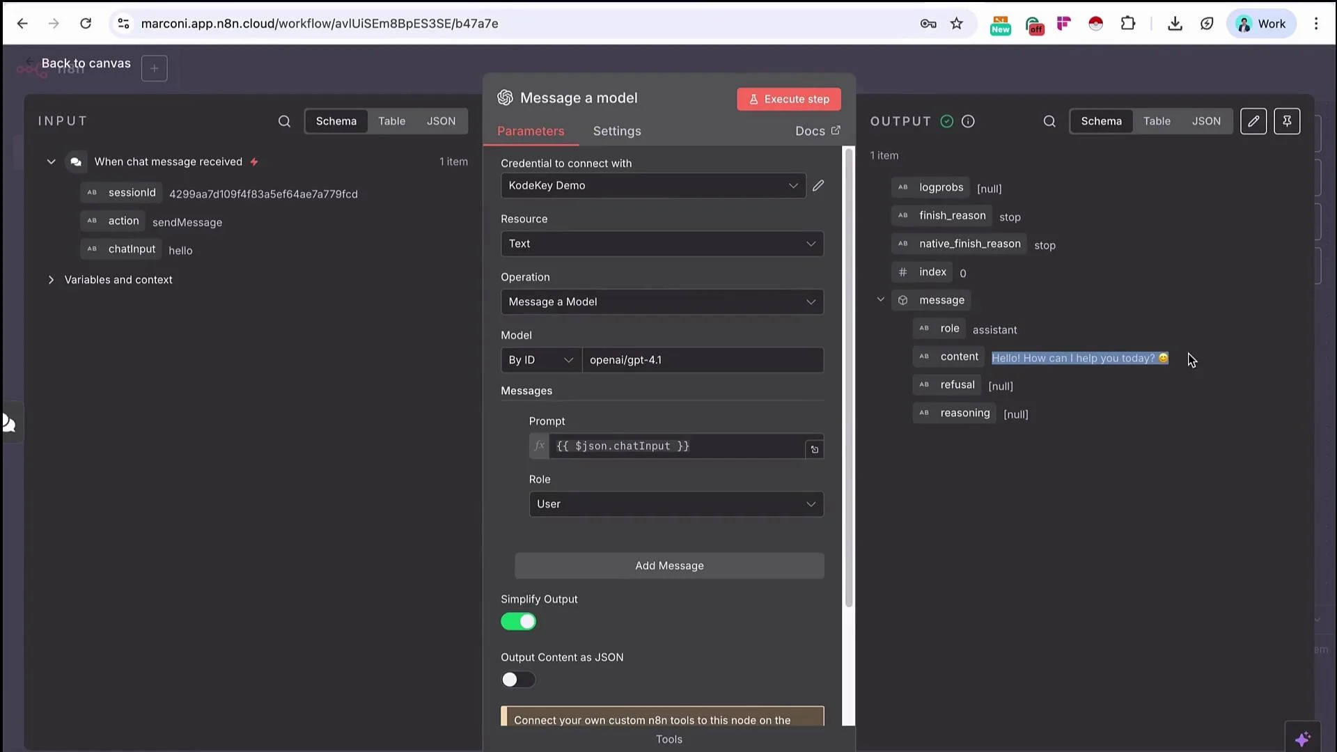 The image shows a software interface for configuring a workflow in a platform called n8n, with parameters set for messaging a model using OpenAI’s API. The input is "hello," and the output message is "Hello! How can I help you today?"