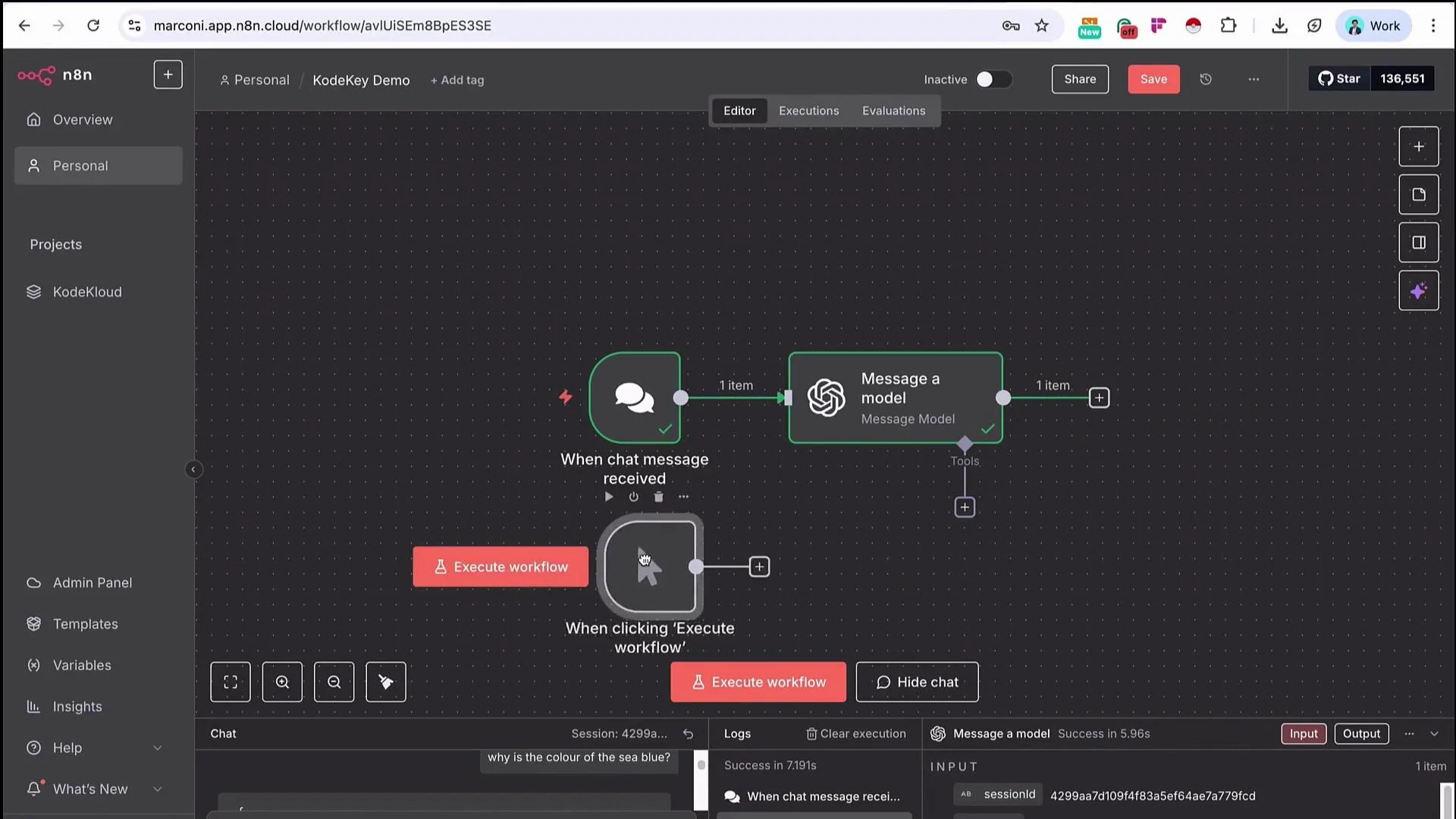 The image shows an interface for creating a workflow in n8n, featuring nodes for receiving chat messages and sending messages to a model. The workflow appears to be part of a demo project named "KodeKey Demo".