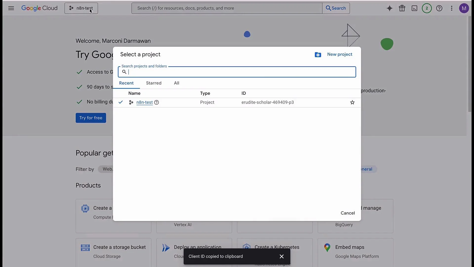 The image shows a Google Cloud interface where a project named "n8n-test" is selected, and a notification indicates that the client ID has been copied to the clipboard.