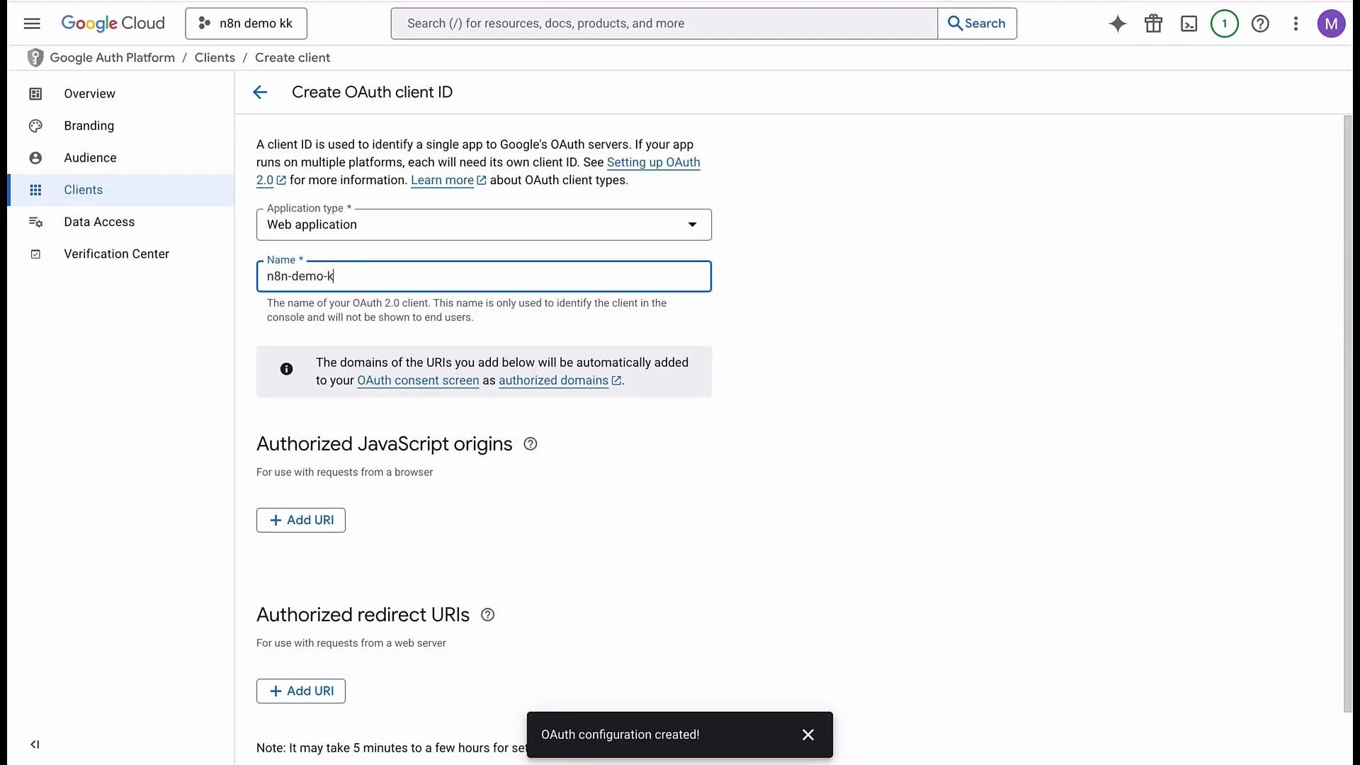 The image shows a Google Cloud interface for creating an OAuth client ID, with fields for application type, name, and authorized JavaScript and redirect URIs. A notification indicates that the OAuth configuration has been created.