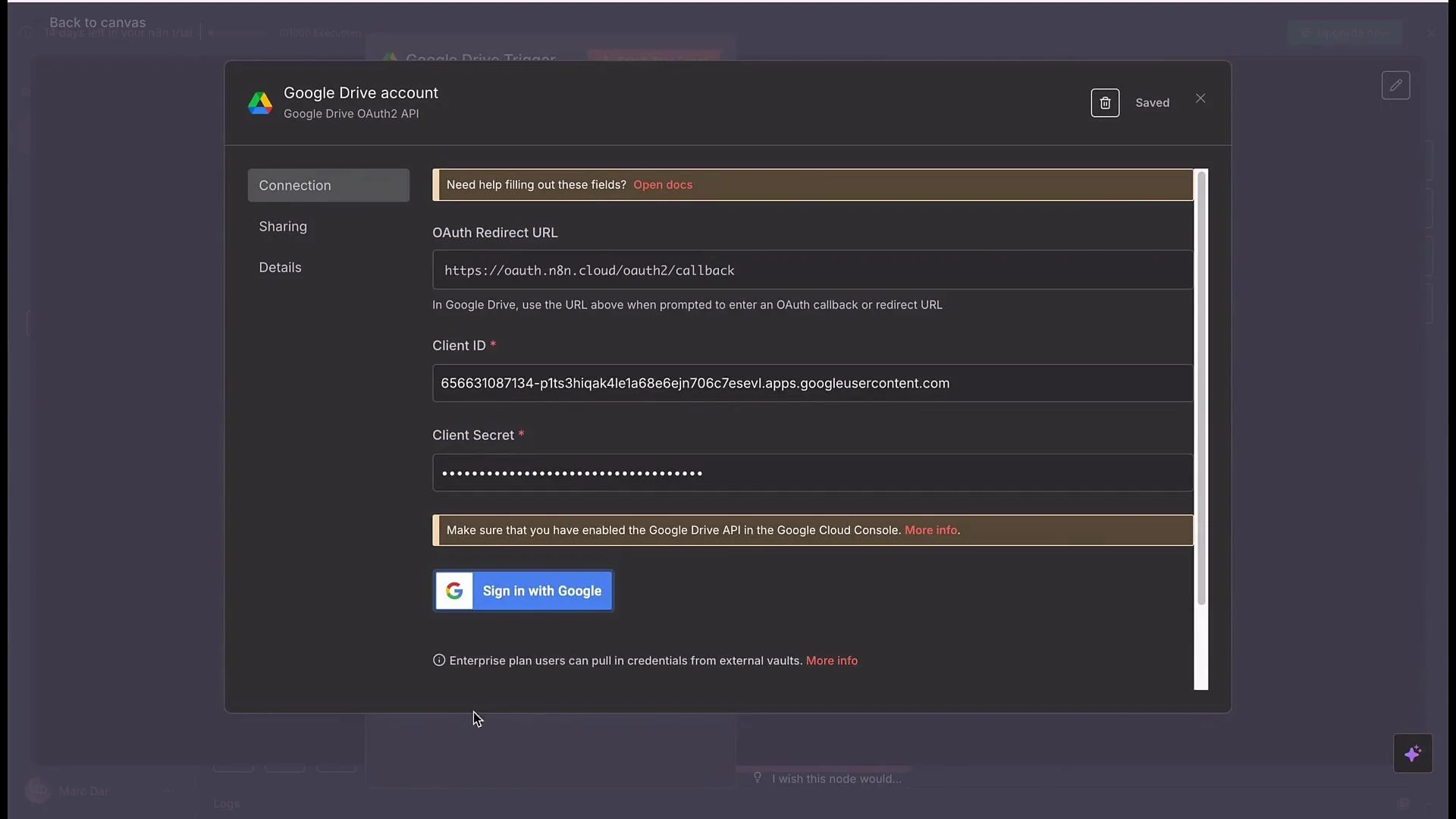 The image shows a configuration screen for connecting a Google Drive account using OAuth2 API, including fields for OAuth Redirect URL, Client ID, and Client Secret. There is also a "Sign in with Google" button visible.