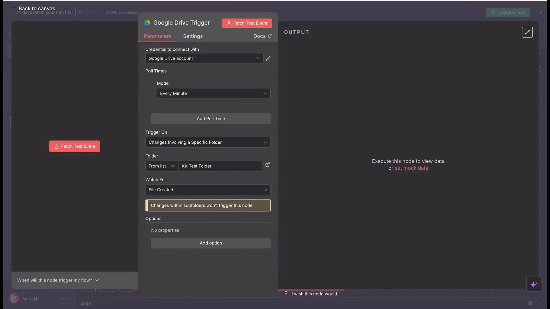 The image shows a software interface for configuring a Google Drive Trigger, which includes parameters like poll times and folder selection. It also displays a button labeled "Fetch Test Event" and an area for executing or setting mock data.