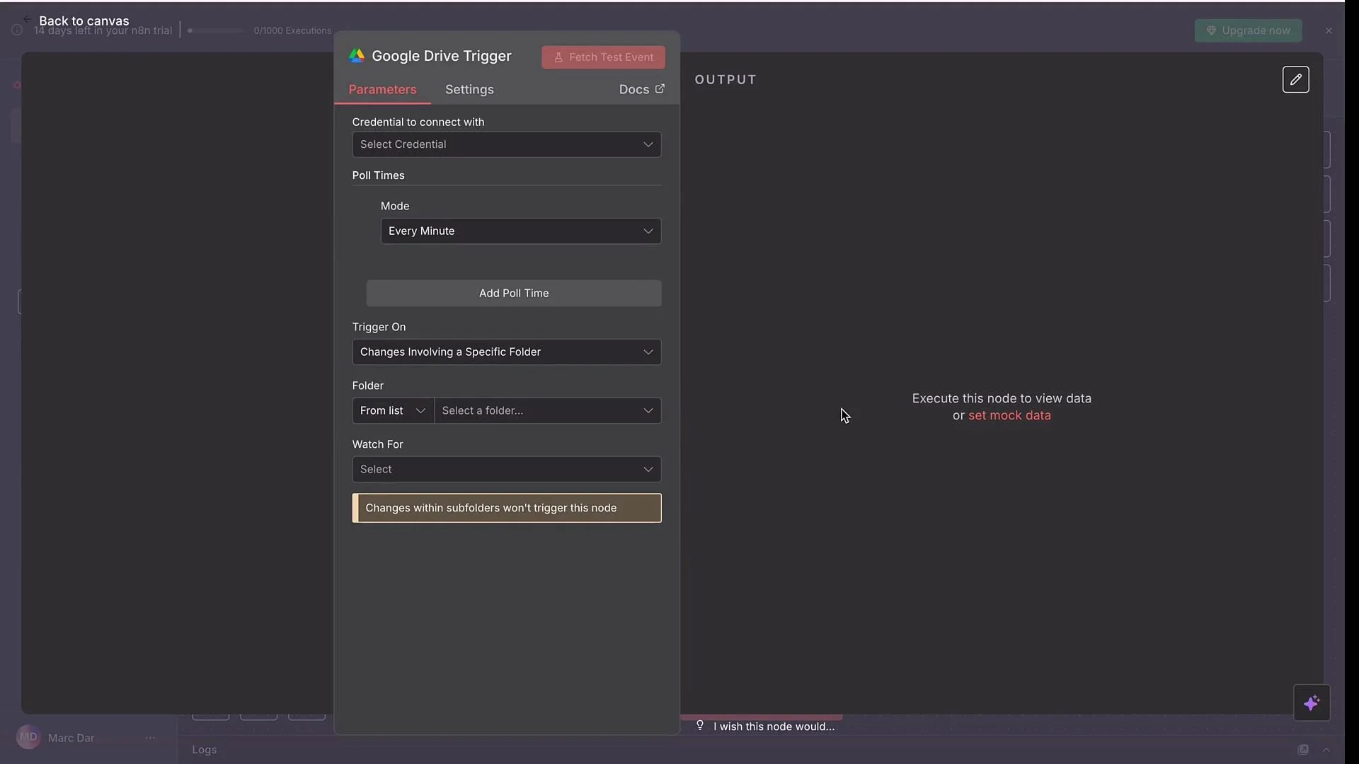 The image shows a Google Drive Trigger configuration screen in an application interface, with options for setting poll times and selecting folders. The right side of the image is an output section with placeholder text.