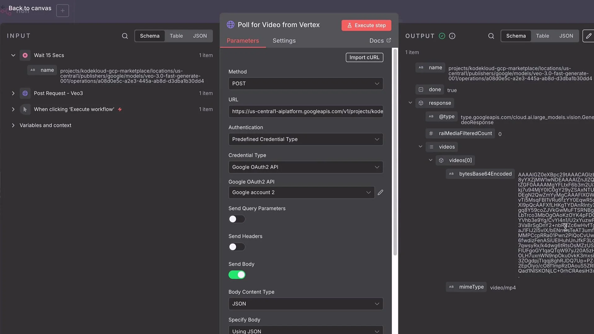 The image shows a software interface with API request parameters and JSON response details, likely related to video processing via Google's cloud services.
