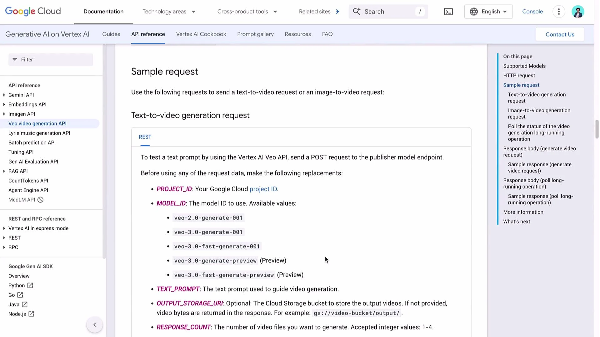 This image shows a Google Cloud documentation page detailing how to use the Vertex AI Veo API for text-to-video generation. It includes instructions for making a sample request with explanations of various parameters.