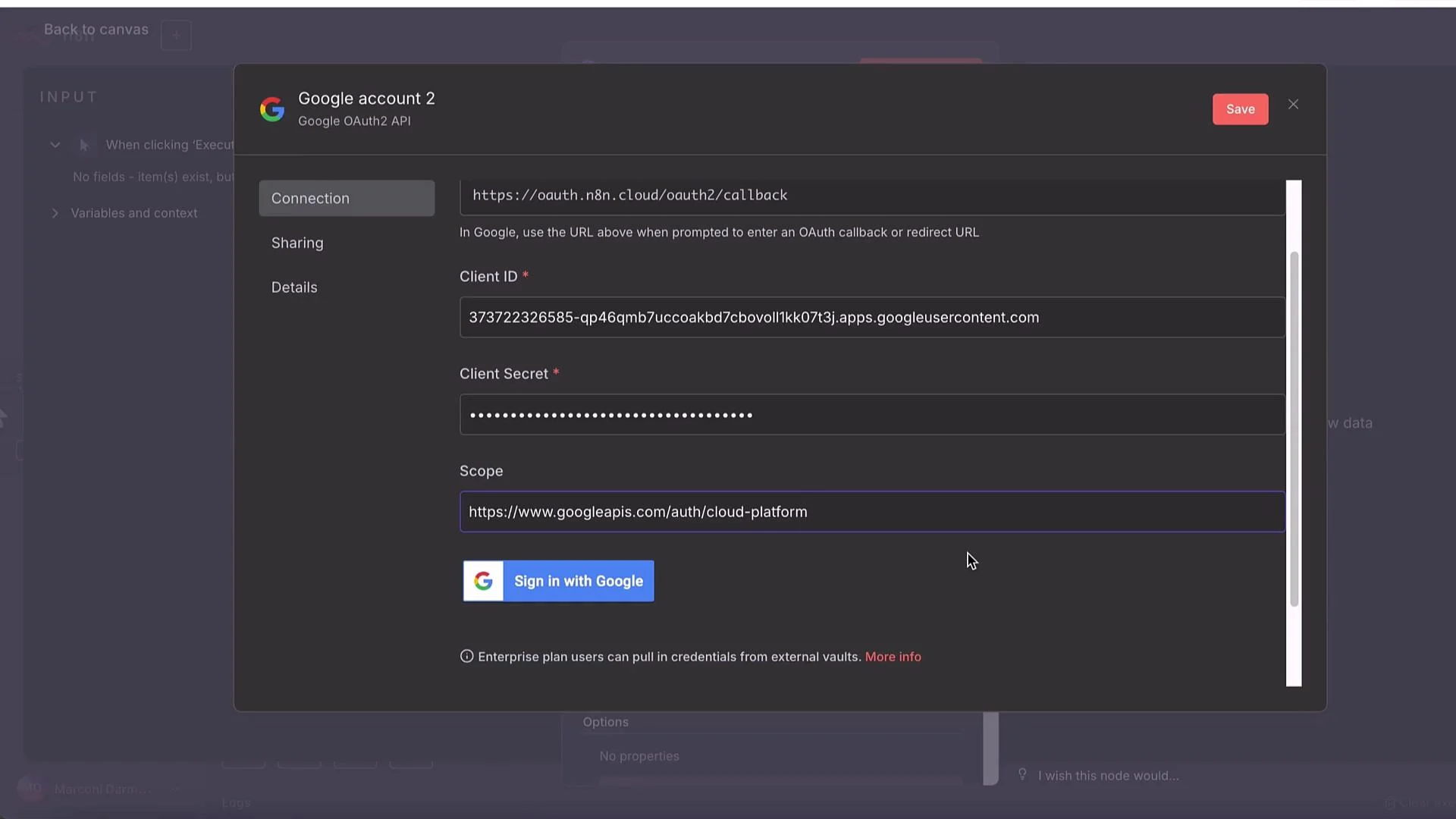 The image shows a configuration screen for setting up Google OAuth2 API credentials, including fields for a Client ID, Client Secret, and Scope, with a "Sign in with Google" button.