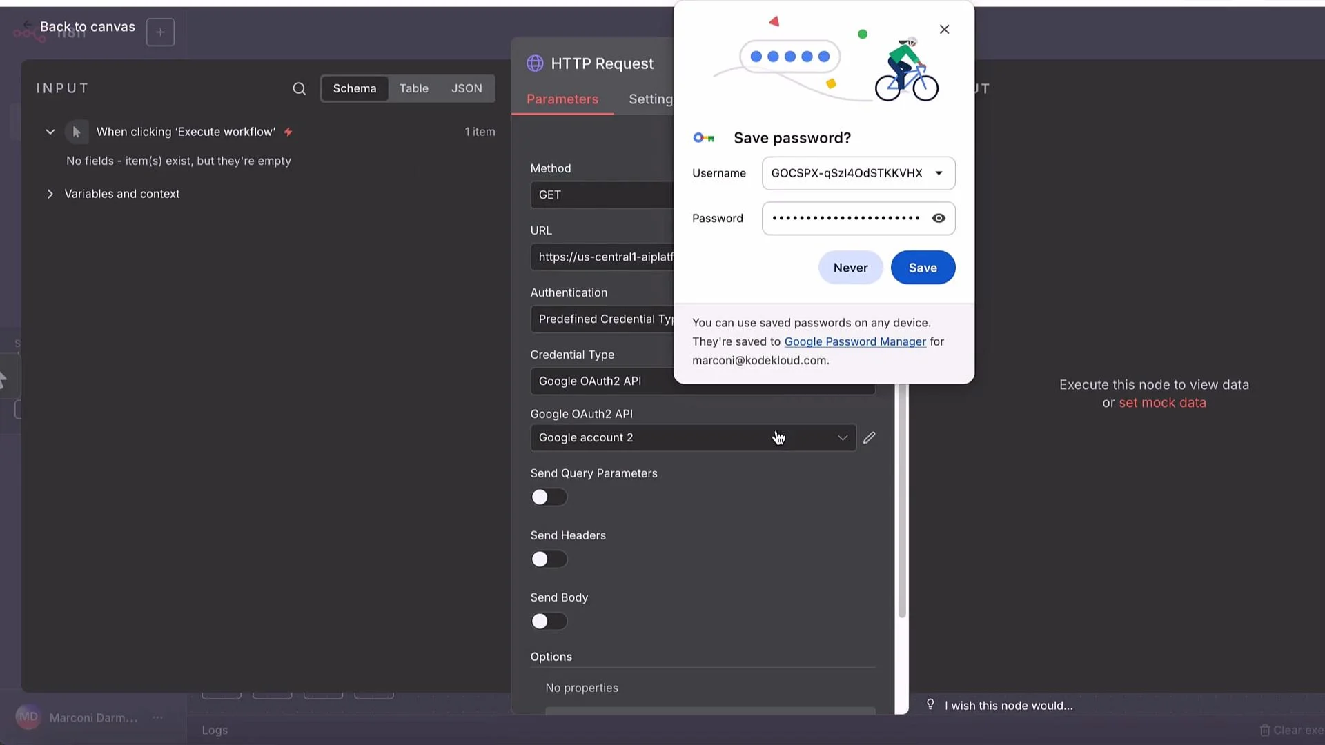 The image shows a computer screen with an HTTP request setup and a pop-up asking to save a password, with options to save or never save it.