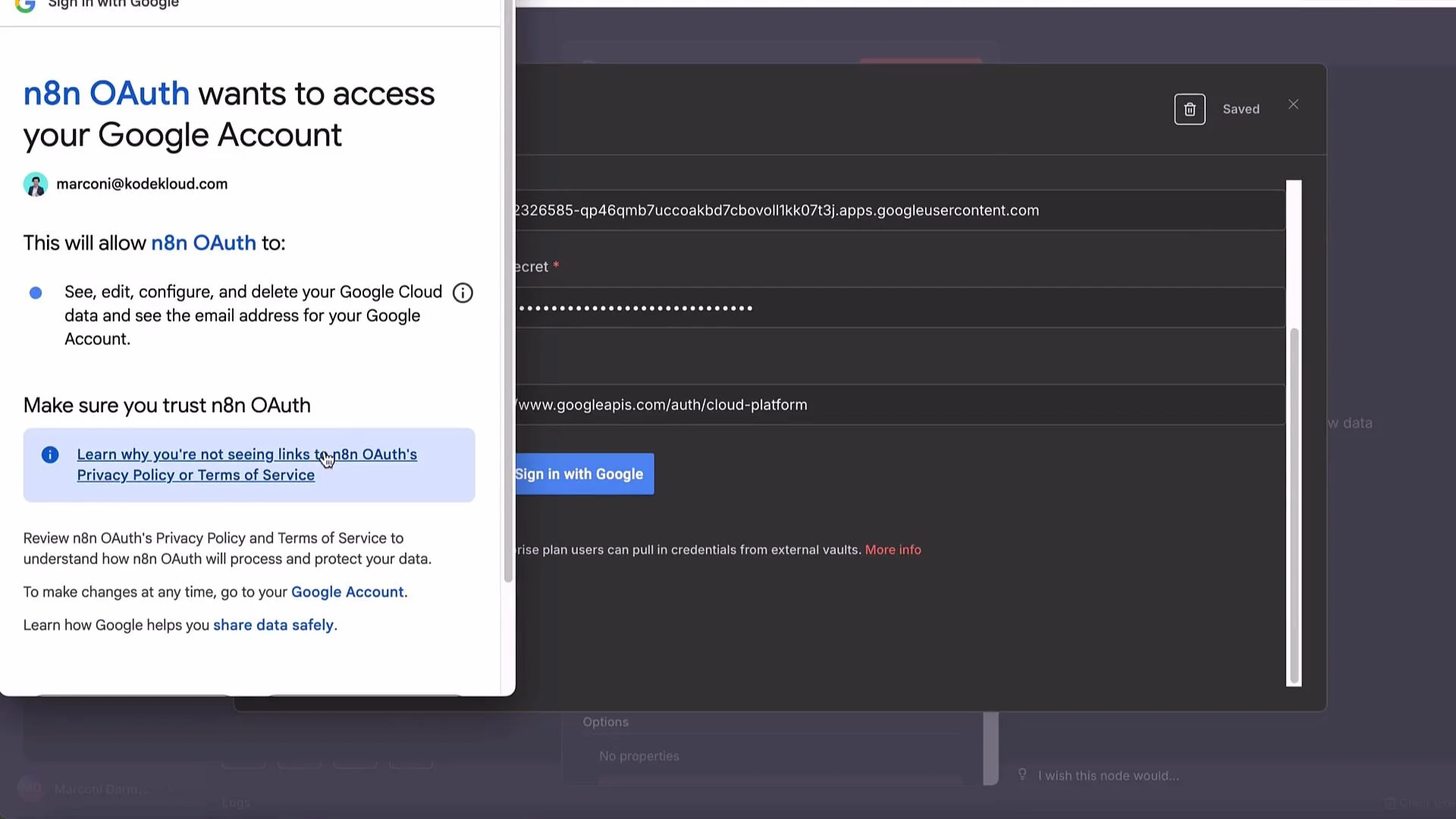 The image shows a prompt where "n8n OAuth" requests access to a Google Account, allowing it to manage Google Cloud data and view the email address. On the right, there is a dark interface detailing OAuth client credentials.