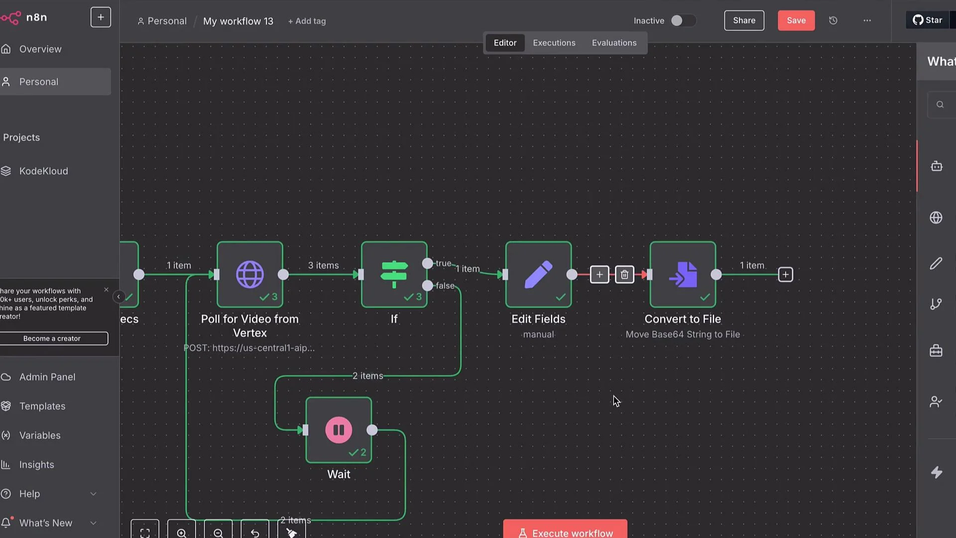 The image shows a workflow editor in n8n, displaying a sequence of connected nodes for tasks like polling for video from Vertex, conditional logic, editing fields, and converting to a file. The interface is organized with a dark theme, featuring various functional nodes and connections on a grid layout.