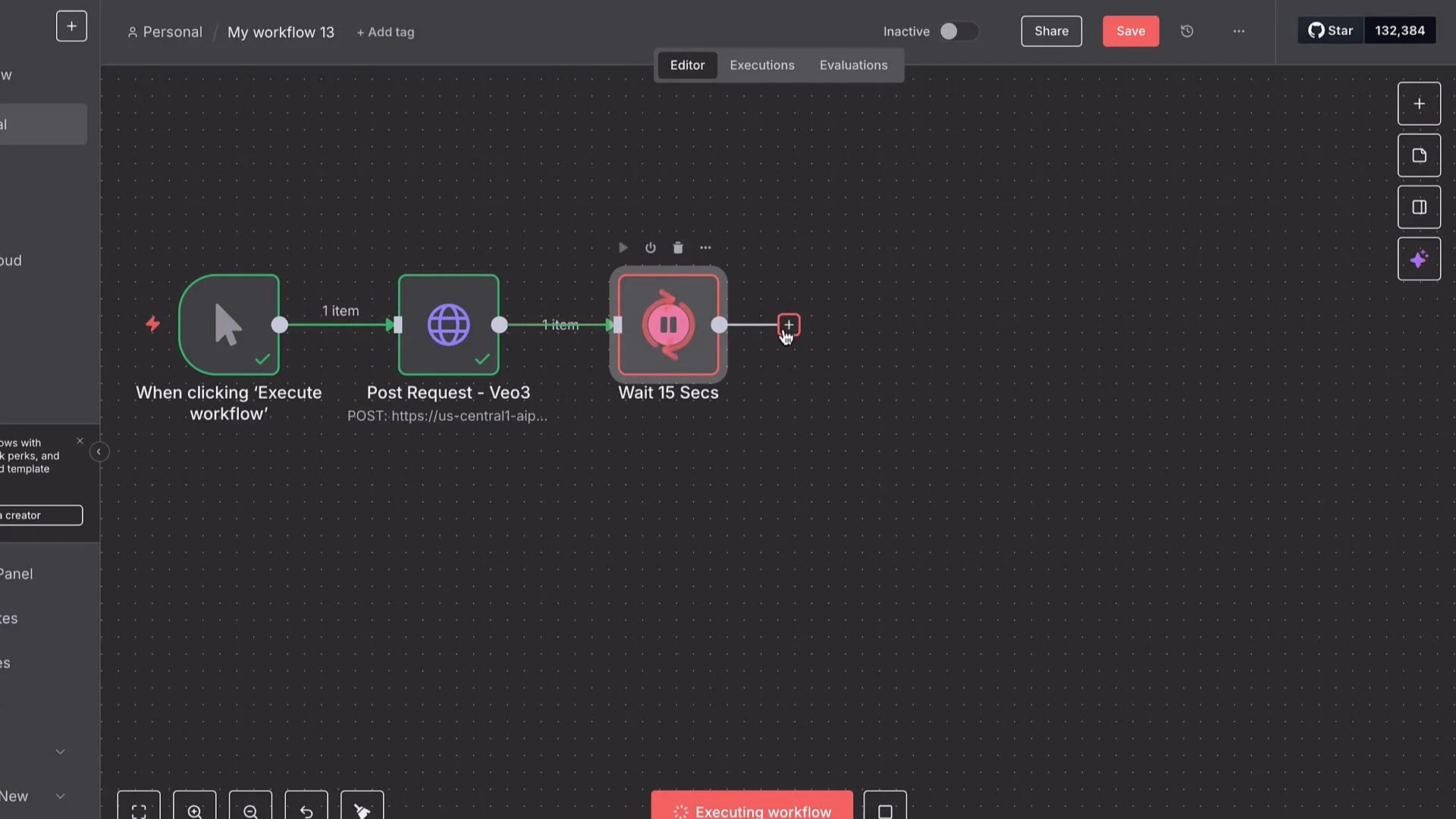 The image displays a workflow editor interface with a sequence of nodes labeled "When clicking 'Execute workflow'," "Post Request - Veo3," and "Wait 15 Secs." The interface includes options for editing, executing, and evaluating workflows.