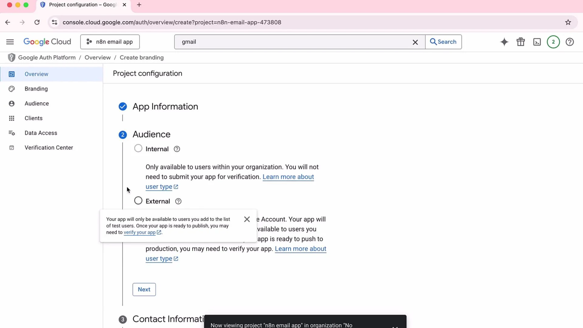 The image shows the Google Cloud console page for project configuration, focusing on app information and audience settings with options for internal and external users. A tooltip provides additional information about app availability and verification.