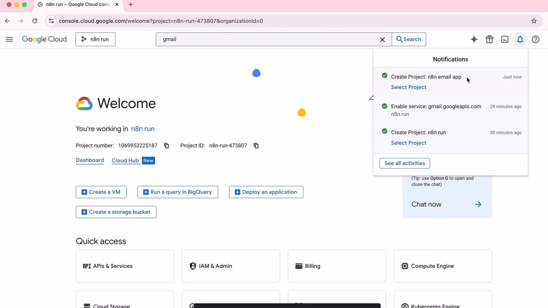 The image shows the Google Cloud Console dashboard with a notification panel open, displaying recent activities such as project creation and service enabling.