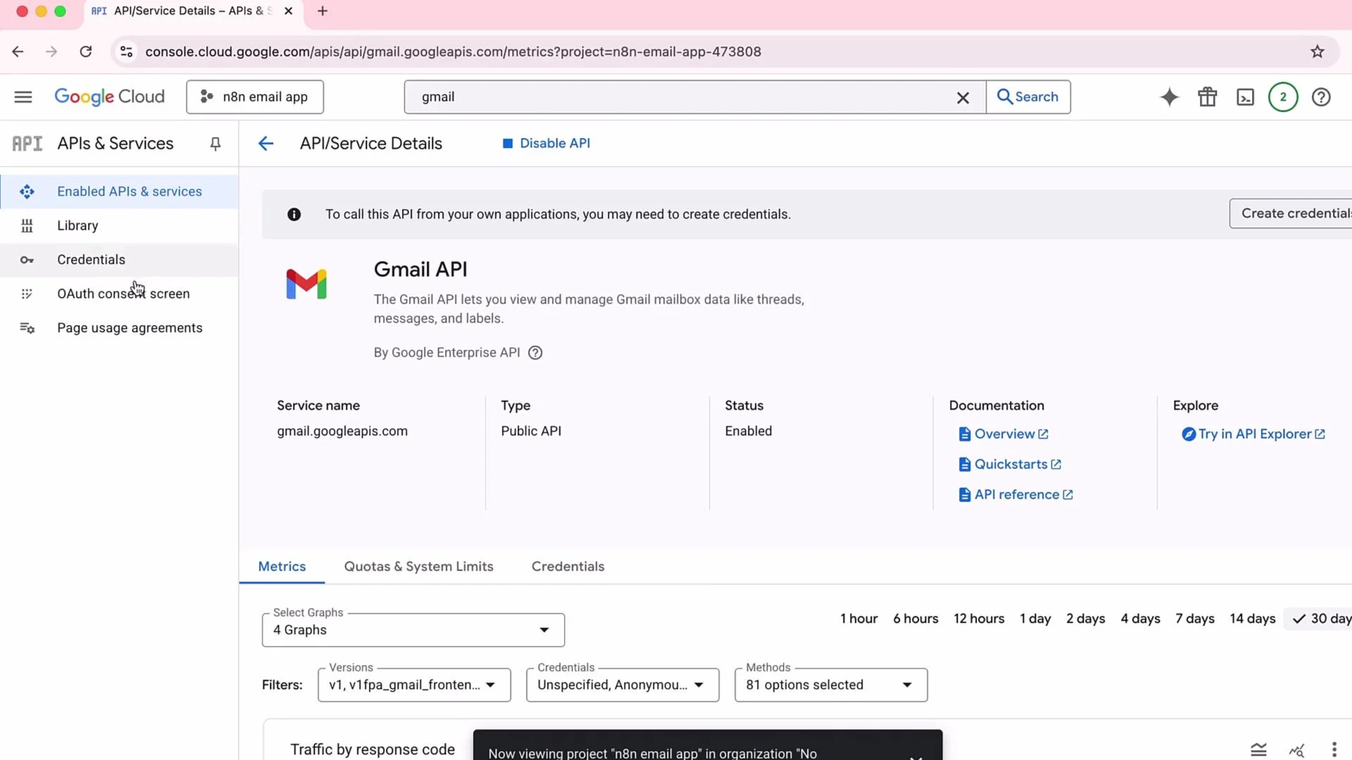 The image shows the Google Cloud Console interface displaying details of the Gmail API, with options for managing credentials, documentation links, and API status information.