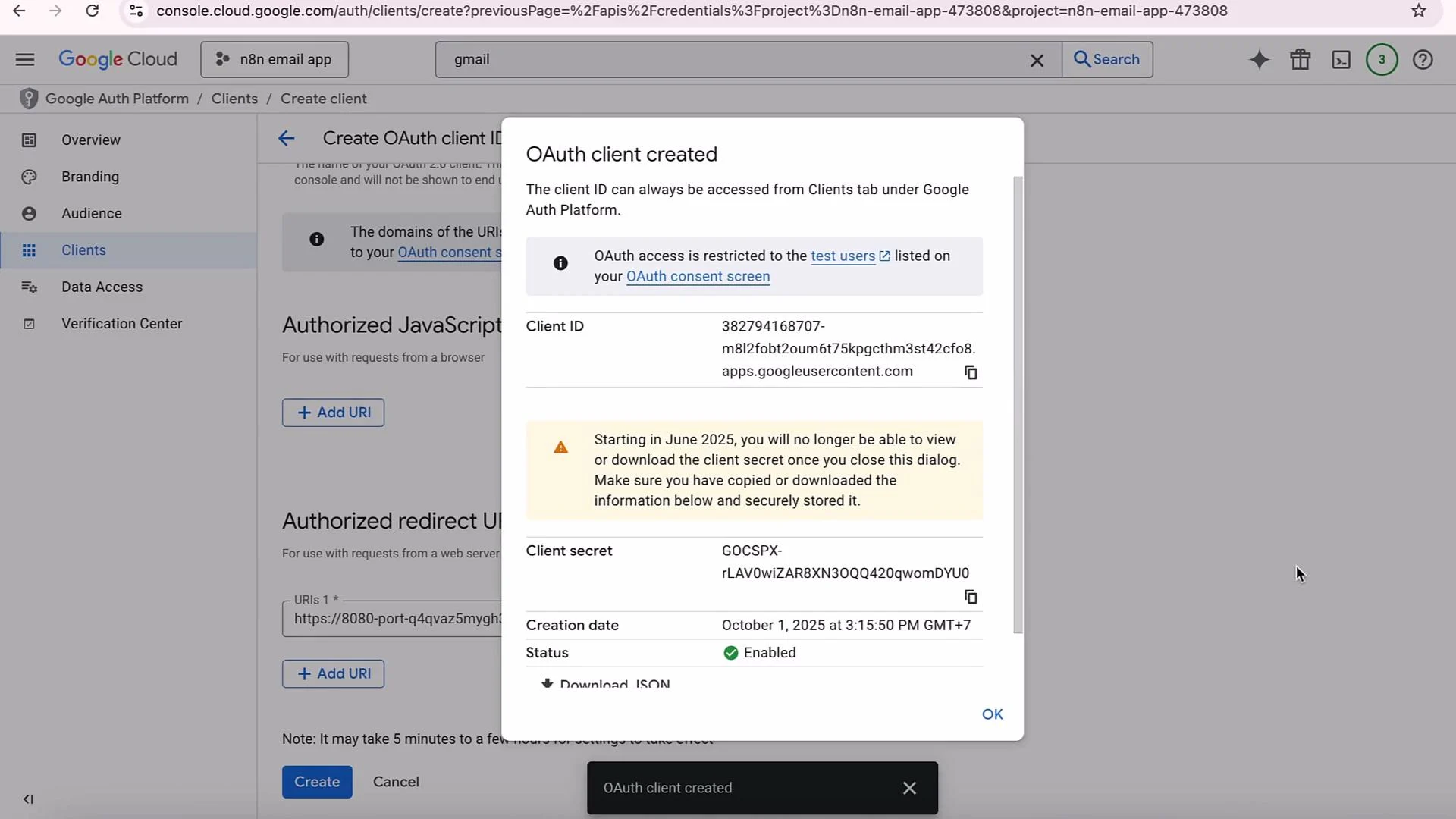 The image shows a Google Cloud Platform console screen where an OAuth client ID has been created. It displays the client ID, client secret, and a warning about the inability to view or download the client secret after closing the dialog starting June 2025.