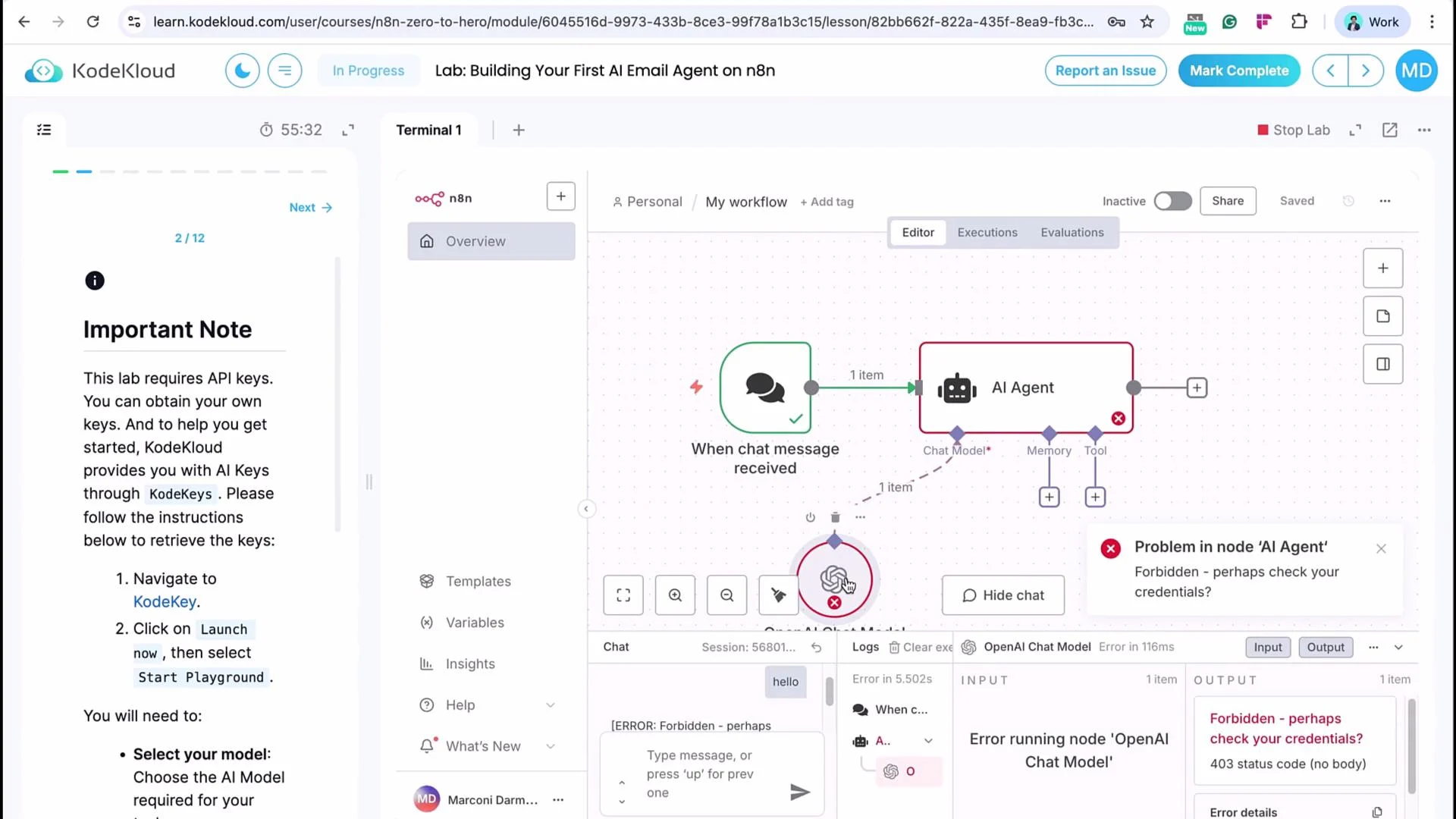 The image shows a workflow setup screen on KodeKloud for building an AI Email Agent using n8n. There is an error message indicating a problem with the AI Agent node, likely related to credentials.