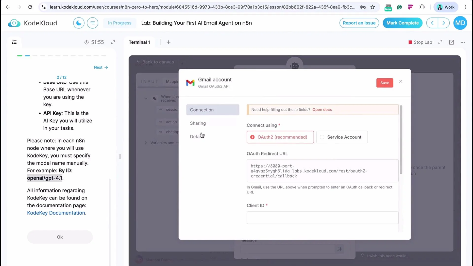 The image shows a screen from KodeKloud with a Gmail account setup window for OAuth2 configuration and a sidebar with API key instructions.