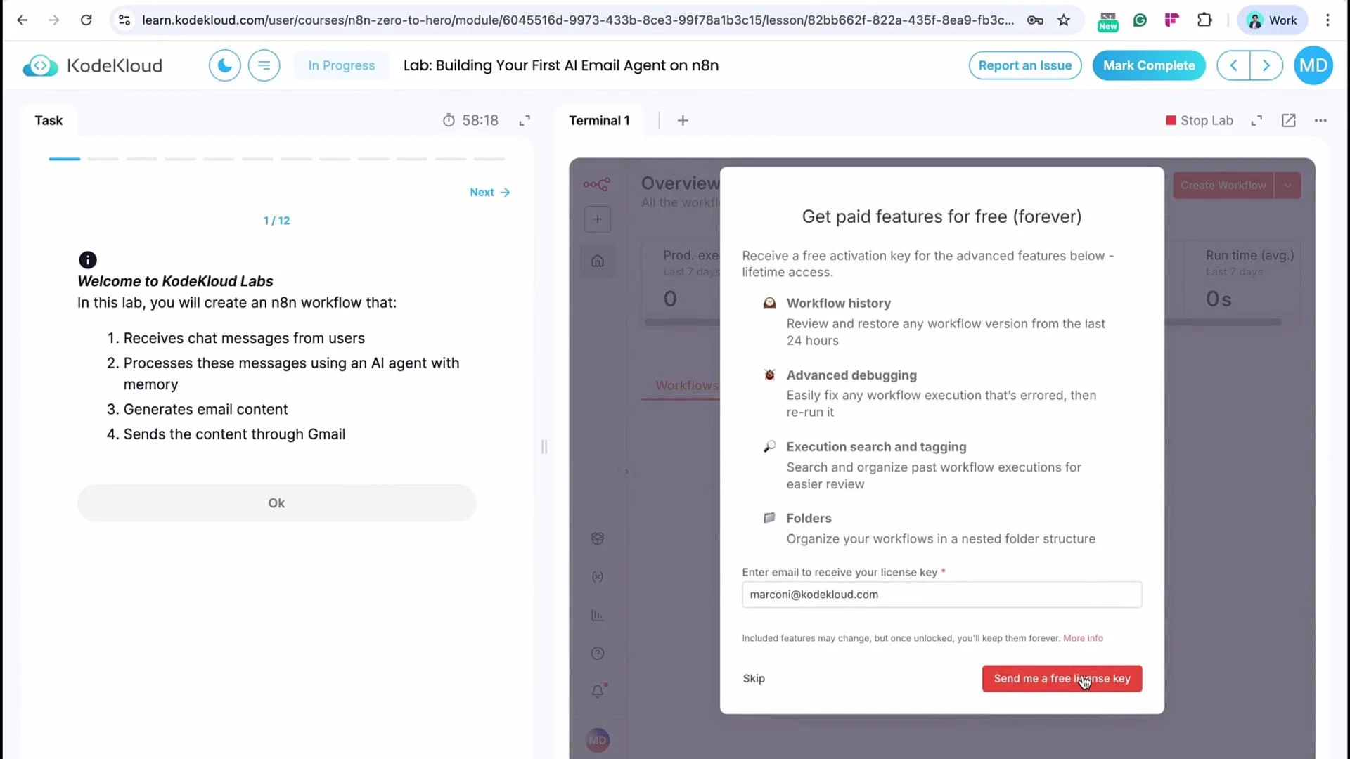 The image shows a KodeKloud lab interface where users can create a workflow with steps involving AI processing and sending emails. A pop-up offers free activation for advanced features like workflow history and debugging, with an email input field for the license key.