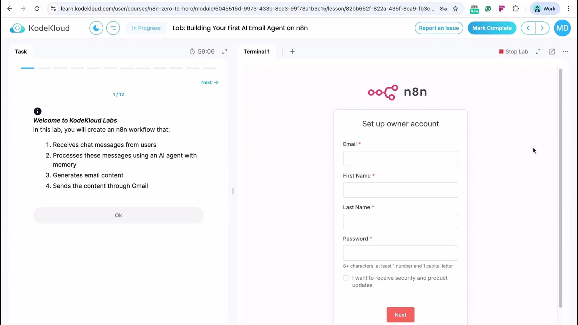 The image shows a KodeKloud Labs interface for a lab on building an AI email agent with n8n, alongside a setup form for creating an owner account.