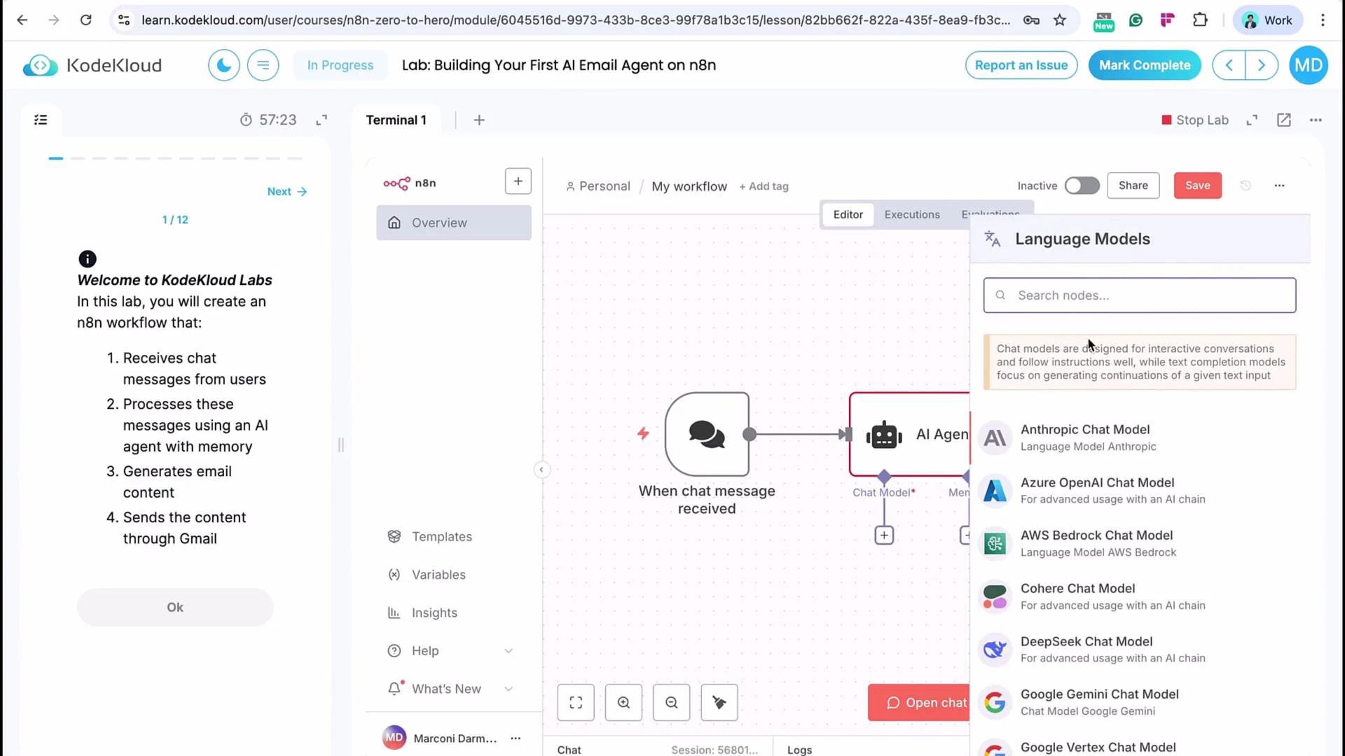 The image shows a KodeKloud Labs interface for building an AI email agent using n8n. It includes a workflow editor with nodes for receiving chat messages and processing them with various AI models.