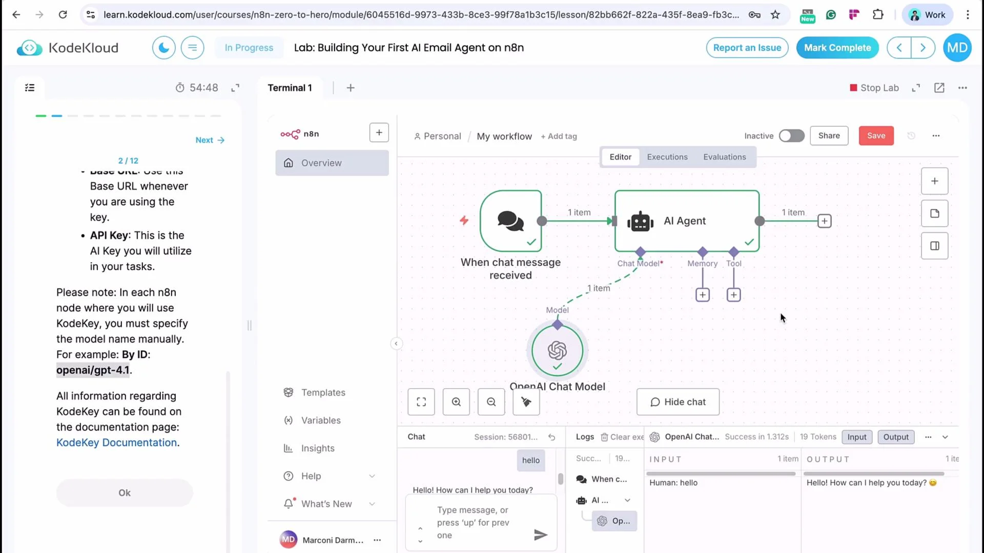 The image shows a workflow in KodeKloud's n8n automation platform where an AI agent responds to a chat message using OpenAI's chat model.