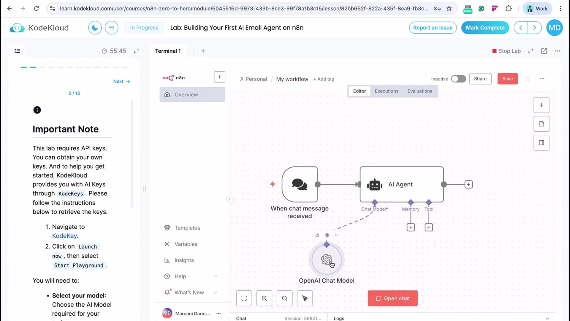 The image shows an online lab interface from KodeKloud, demonstrating a workflow editor for building an AI email agent using n8n. The editor includes nodes for receiving chat messages and connecting with an AI agent and OpenAI Chat Model.