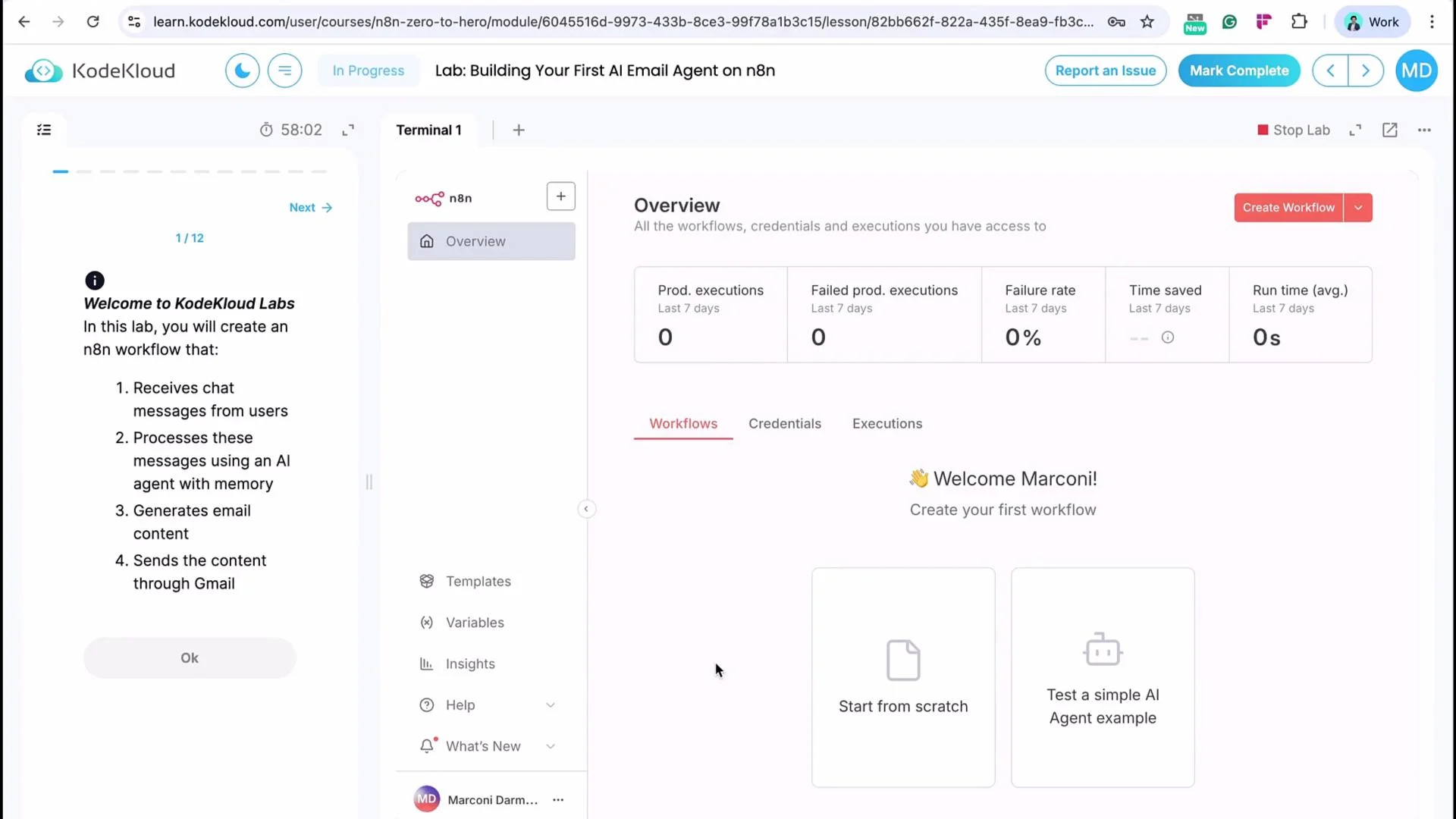 The image shows an online lab interface from KodeKloud for creating an n8n workflow, providing an overview of executions and an option to start a new workflow. It guides users to build a workflow that processes chat messages using an AI agent and sends email content.
