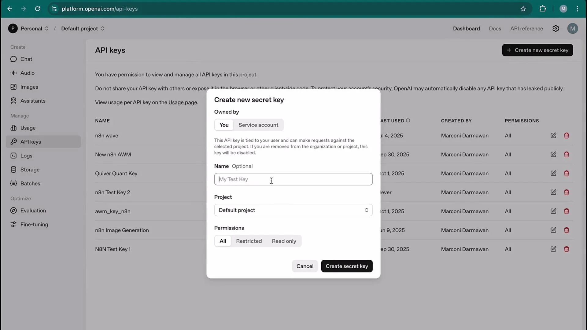 The image shows a user interface for managing API keys on the OpenAI platform, with a dialog box open for creating a new secret key. The sidebar menu includes options for managing usage, logs, storage, and more.