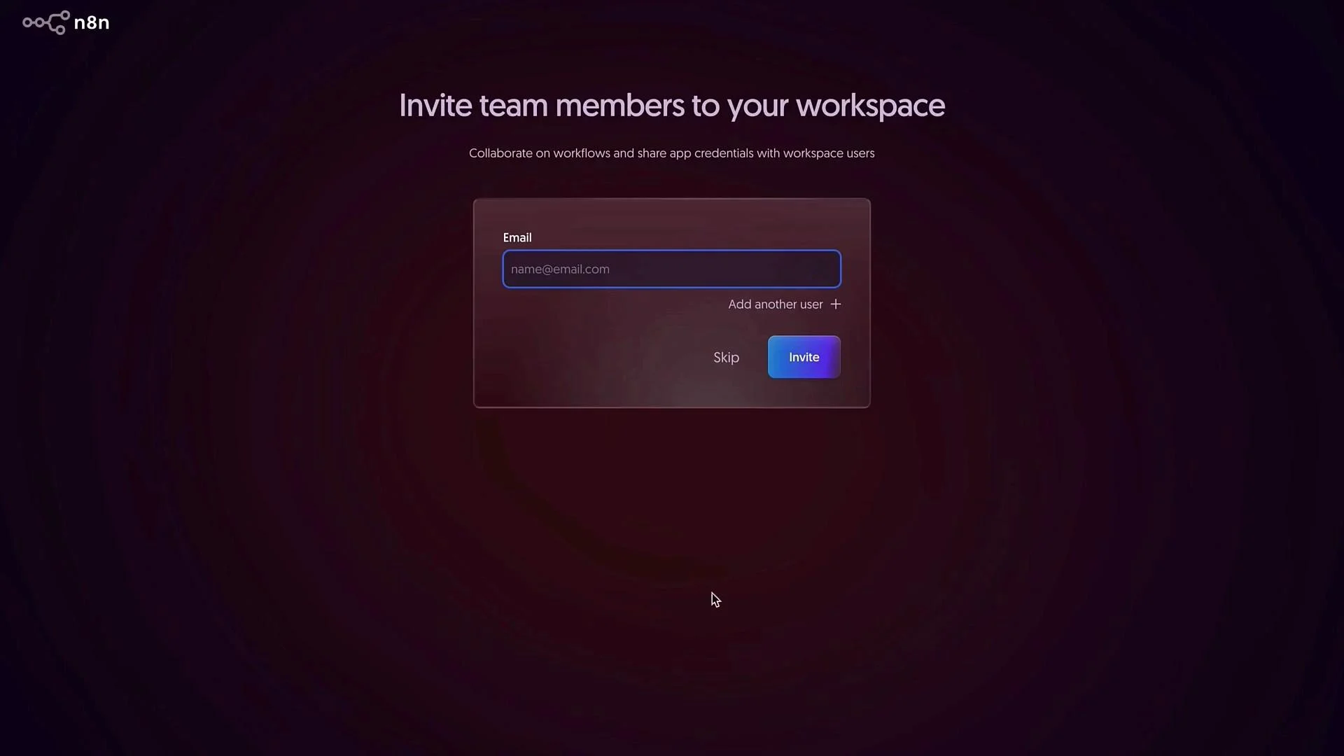 The image shows a screen prompting the user to invite team members to a workspace by entering their email. There are options to add more users, skip, or invite.
