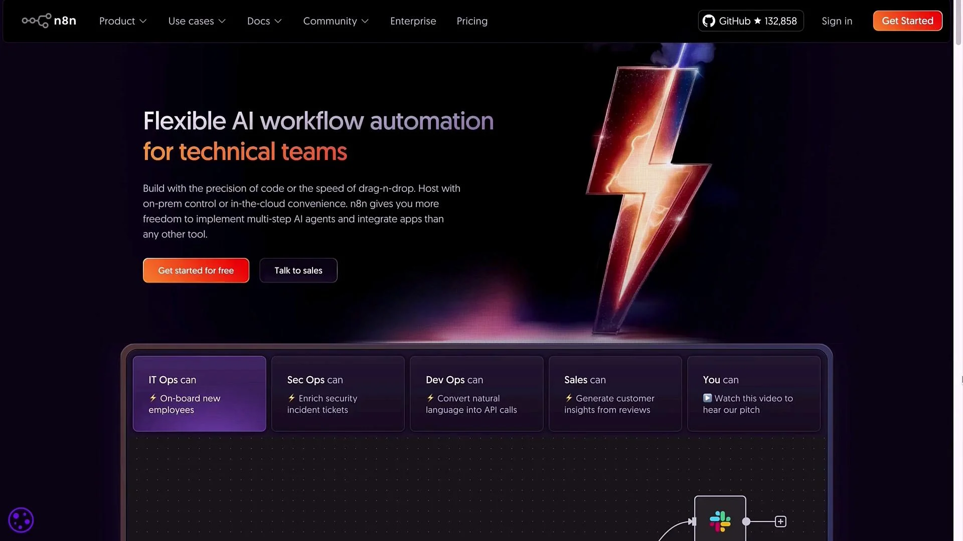 The image is a website landing page for n8n, highlighting AI workflow automation for technical teams with options to get started or talk to sales. It features a lightning bolt graphic and lists different use cases for various departments.
