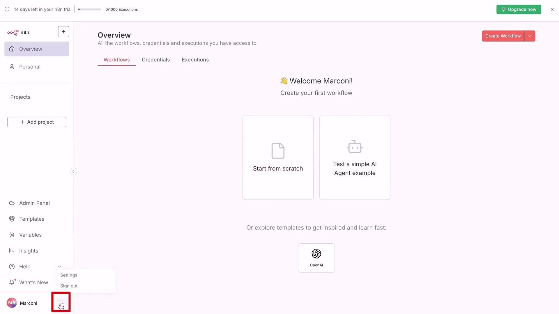 The image shows an interface of the n8n platform, displaying a dashboard with options to start a new project from scratch or test an AI agent. It includes a sidebar with options for projects, settings, and help.