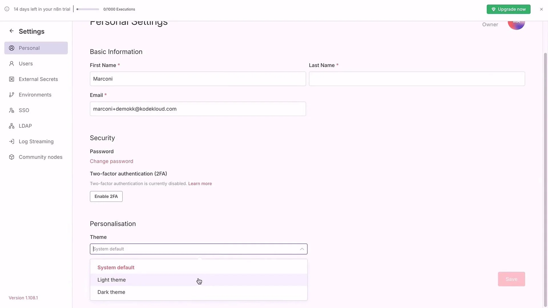 The image displays a personal settings page, showing fields for basic information such as first name and email, security options, and theme personalization. It also includes navigation options on the left for users, external secrets, environments, and other settings.