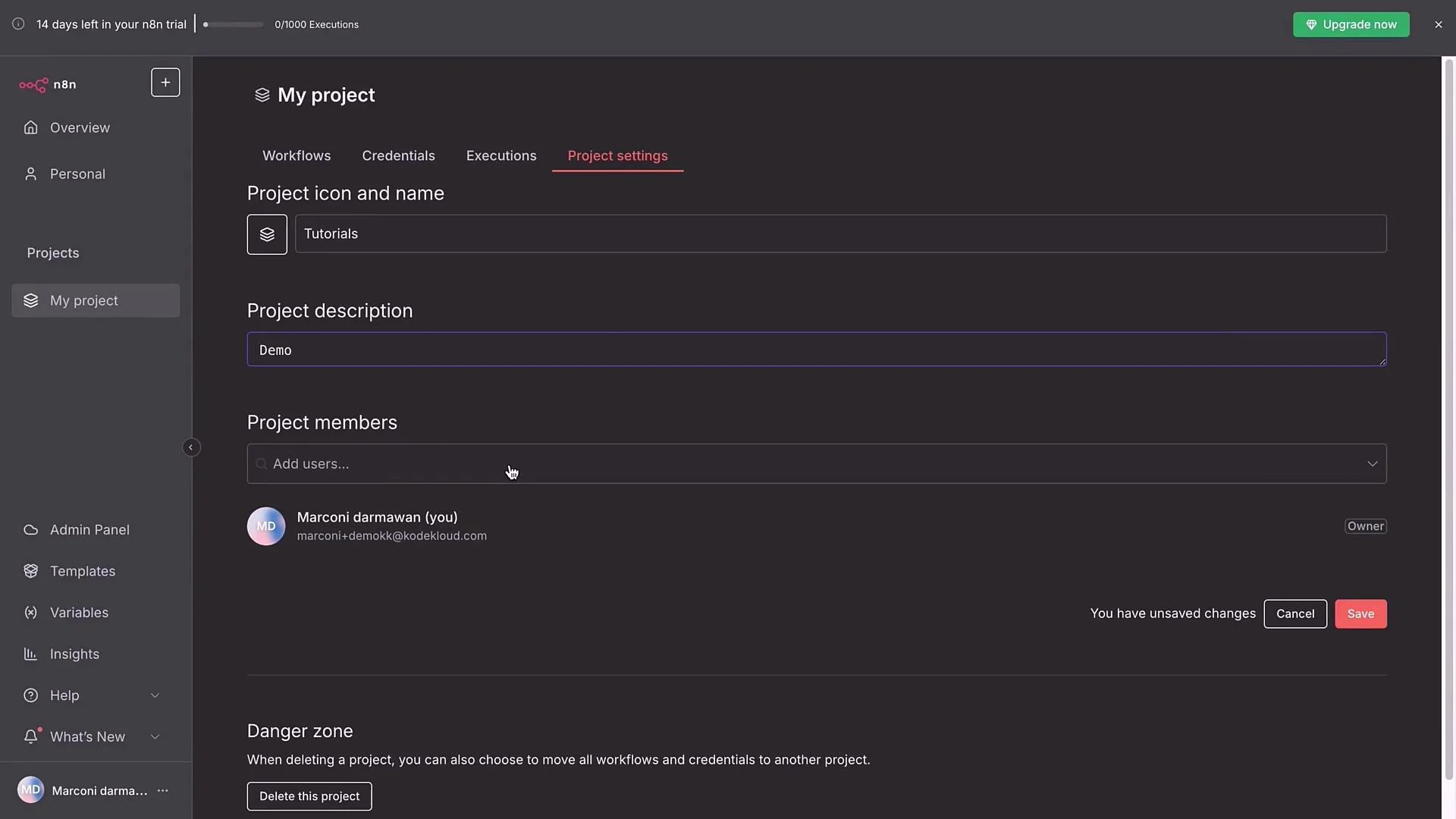 The image shows a software interface for managing projects, with options to set a project icon and name, add a description, and manage project members. There is also a "Danger zone" section for deleting the project and buttons for saving changes.