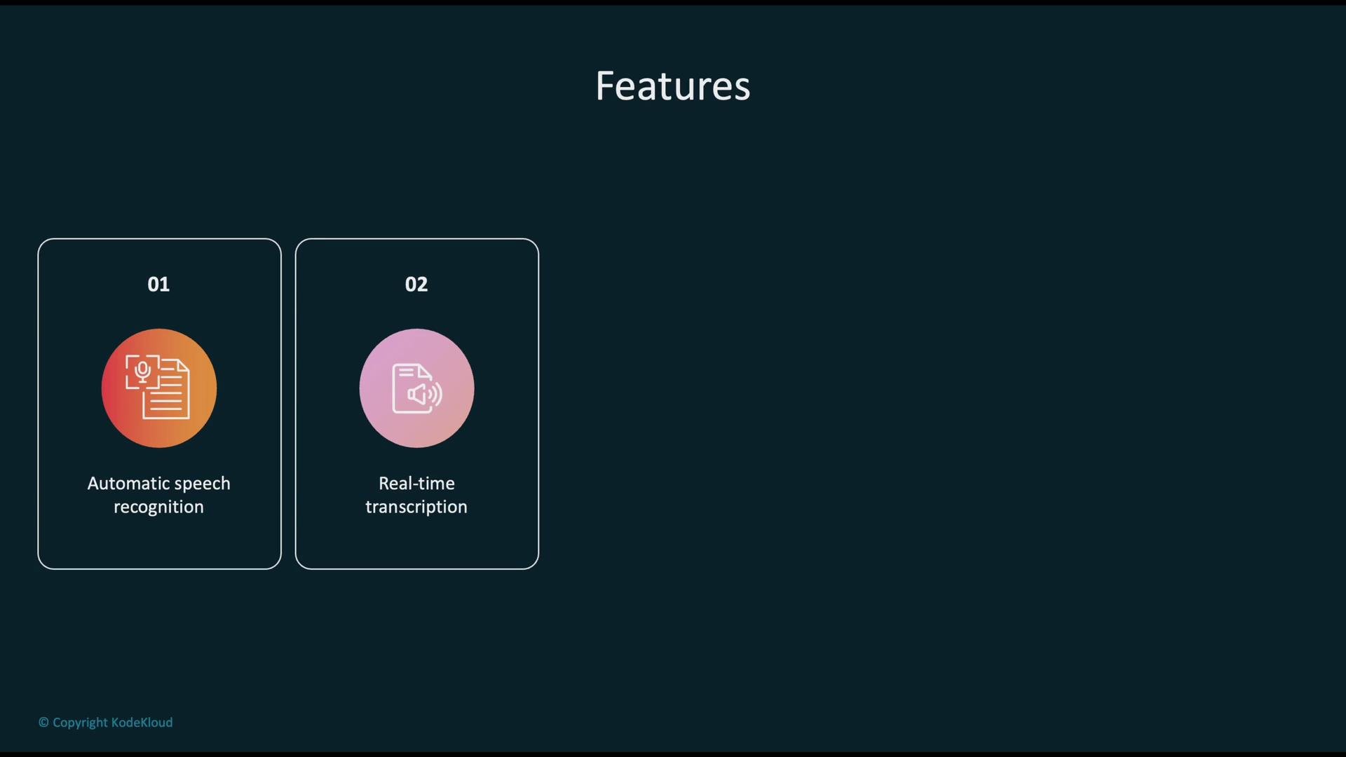 The image showcases two features: "Automatic speech recognition" and "Real-time transcription," each represented with distinct icons.