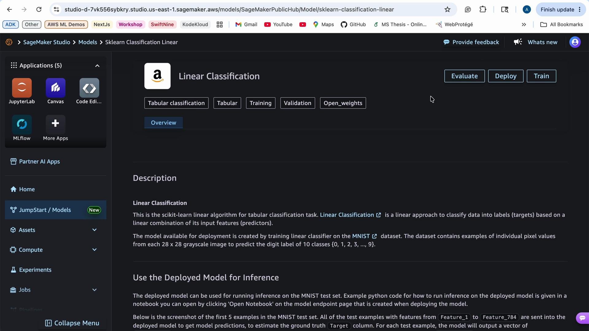 The image shows the AWS SageMaker Studio interface for a linear classification model using scikit-learn, with options to evaluate, deploy, and train the model. It includes a description of the model's functionality, focusing on classifying data using the MNIST dataset.