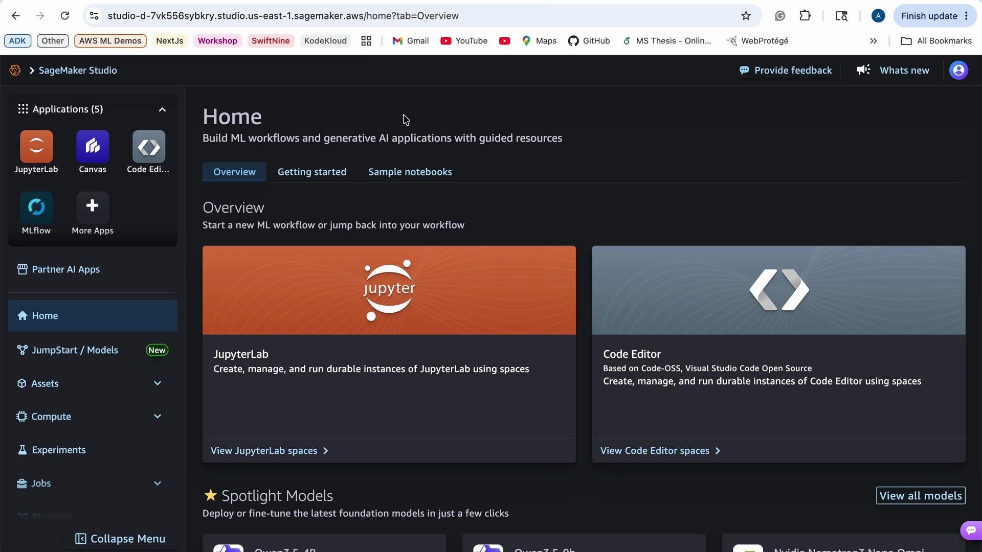 The image shows a screenshot of the AWS SageMaker Studio interface, highlighting applications like JupyterLab and Code Editor. The interface includes navigation menus and options to start machine learning workflows.
