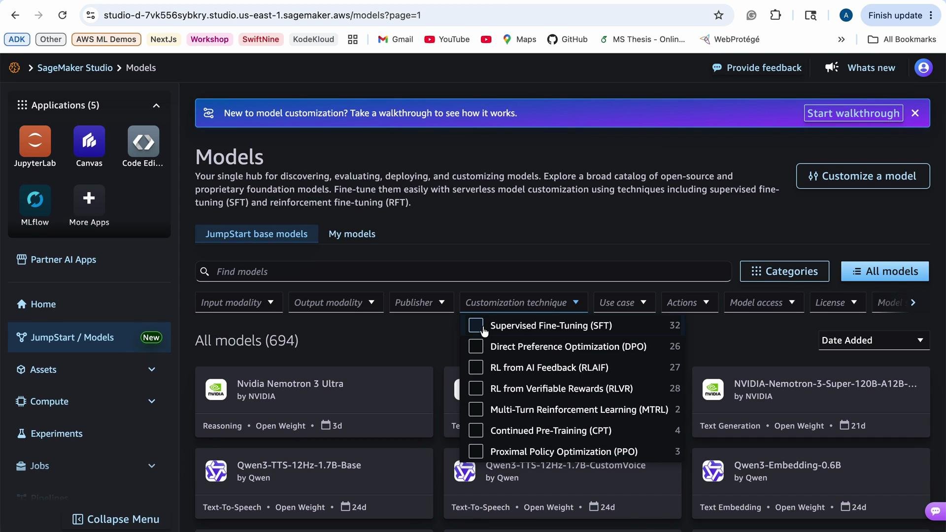 The image shows the AWS SageMaker Studio interface displaying a list of models and customization options, such as Supervised Fine-Tuning and Direct Preference Optimization.