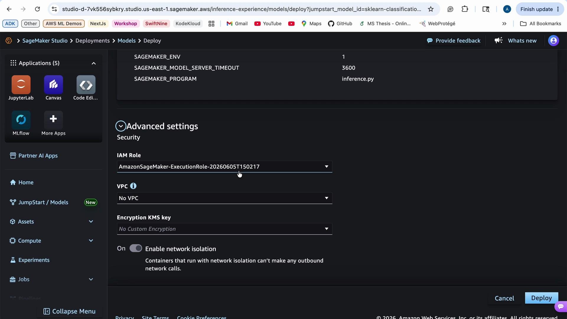 The image shows the AWS SageMaker Studio interface with settings for deploying a model, including IAM Role and VPC configuration options. On the left, there are various application icons like JupyterLab and Canvas.